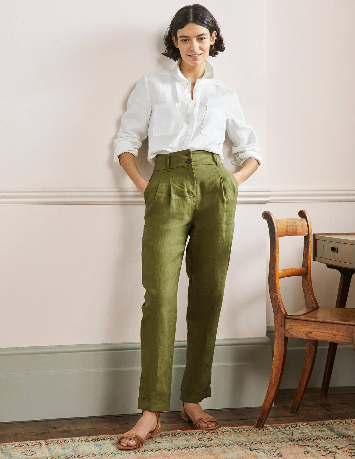 Pleated Turn Up Linen Pants-Pea Green - Image 1