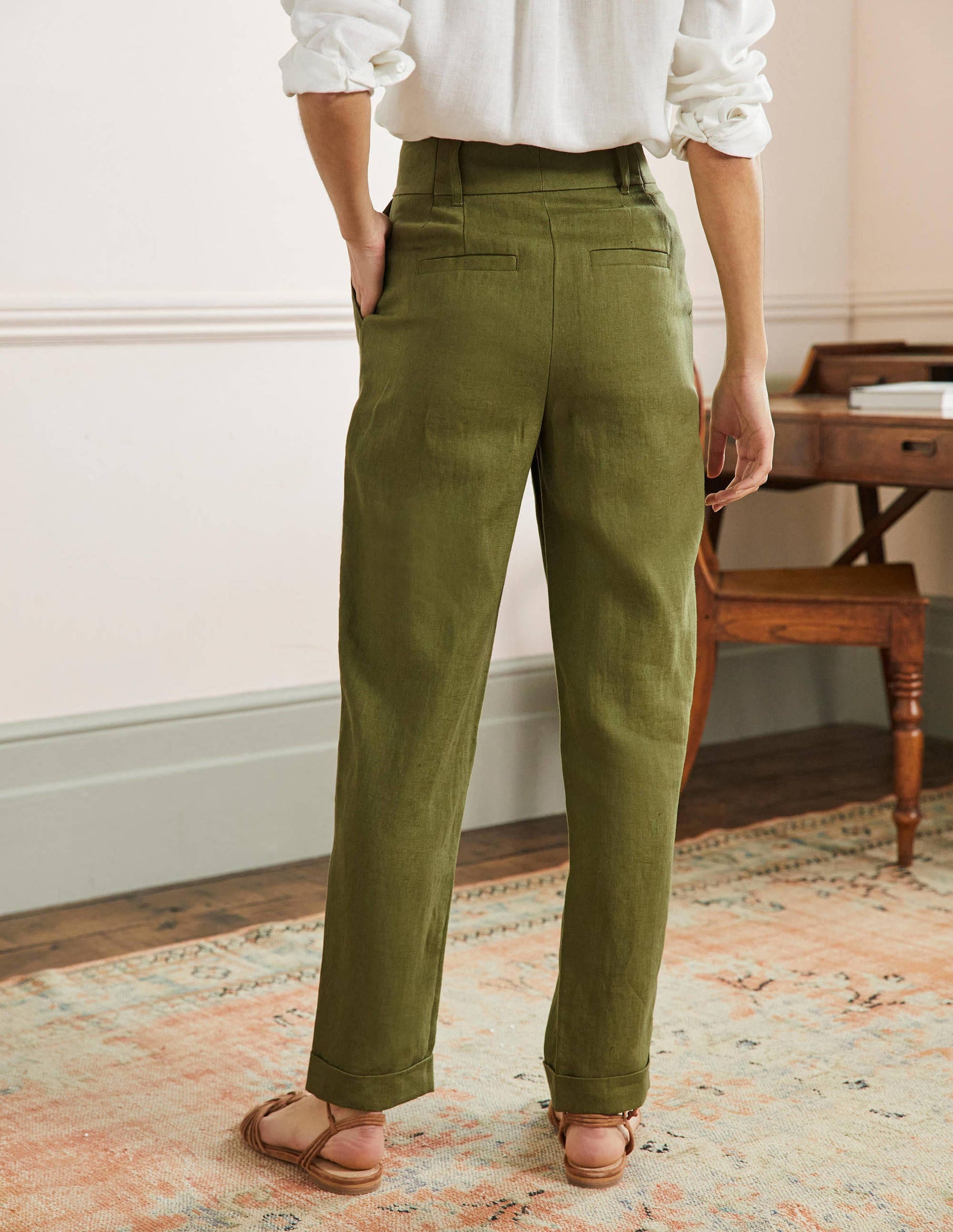 Pleated Turn Up Linen Pants-Pea Green-3