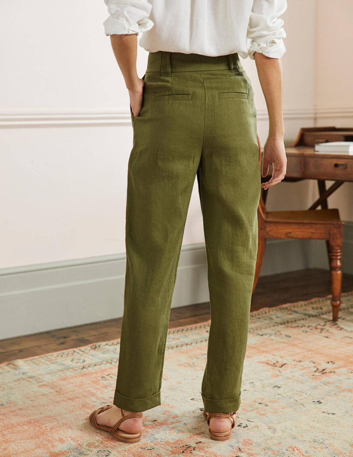 Pleated Turn Up Linen Pants-Pea Green - Image 3