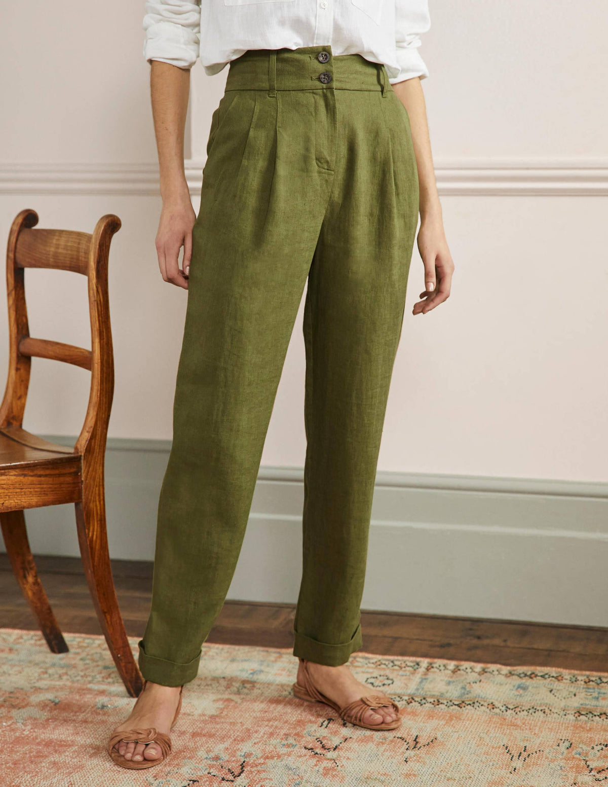 Pleated Turn Up Linen Pants-Pea Green - Image 4