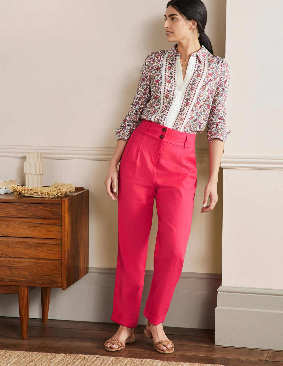 Pleated Turn Up Linen Pants-Radish Pink-1