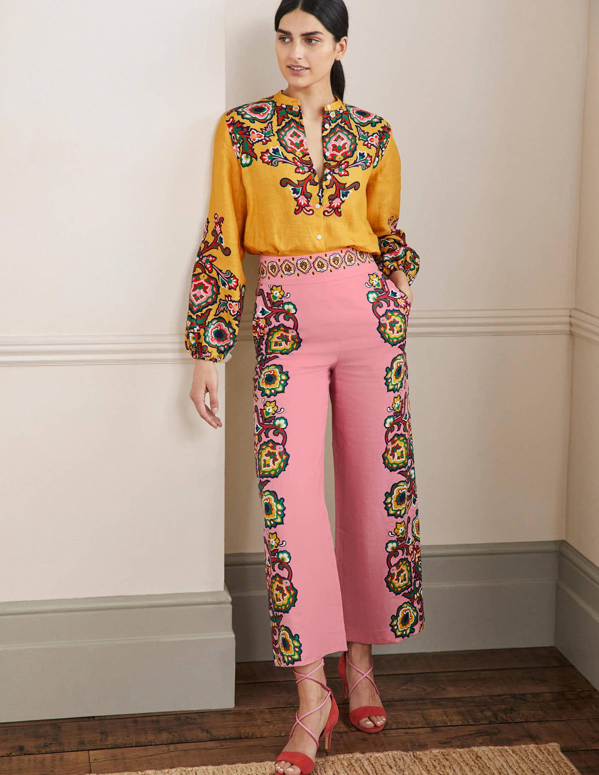 Printed Linen Pants-Azalea, Decorative Blooms - Image 1