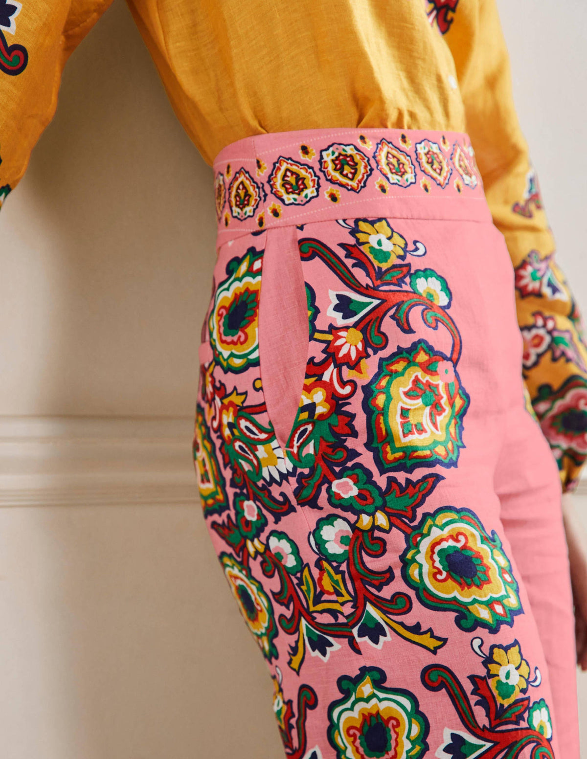 Printed Linen Pants-Azalea, Decorative Blooms - Image 2
