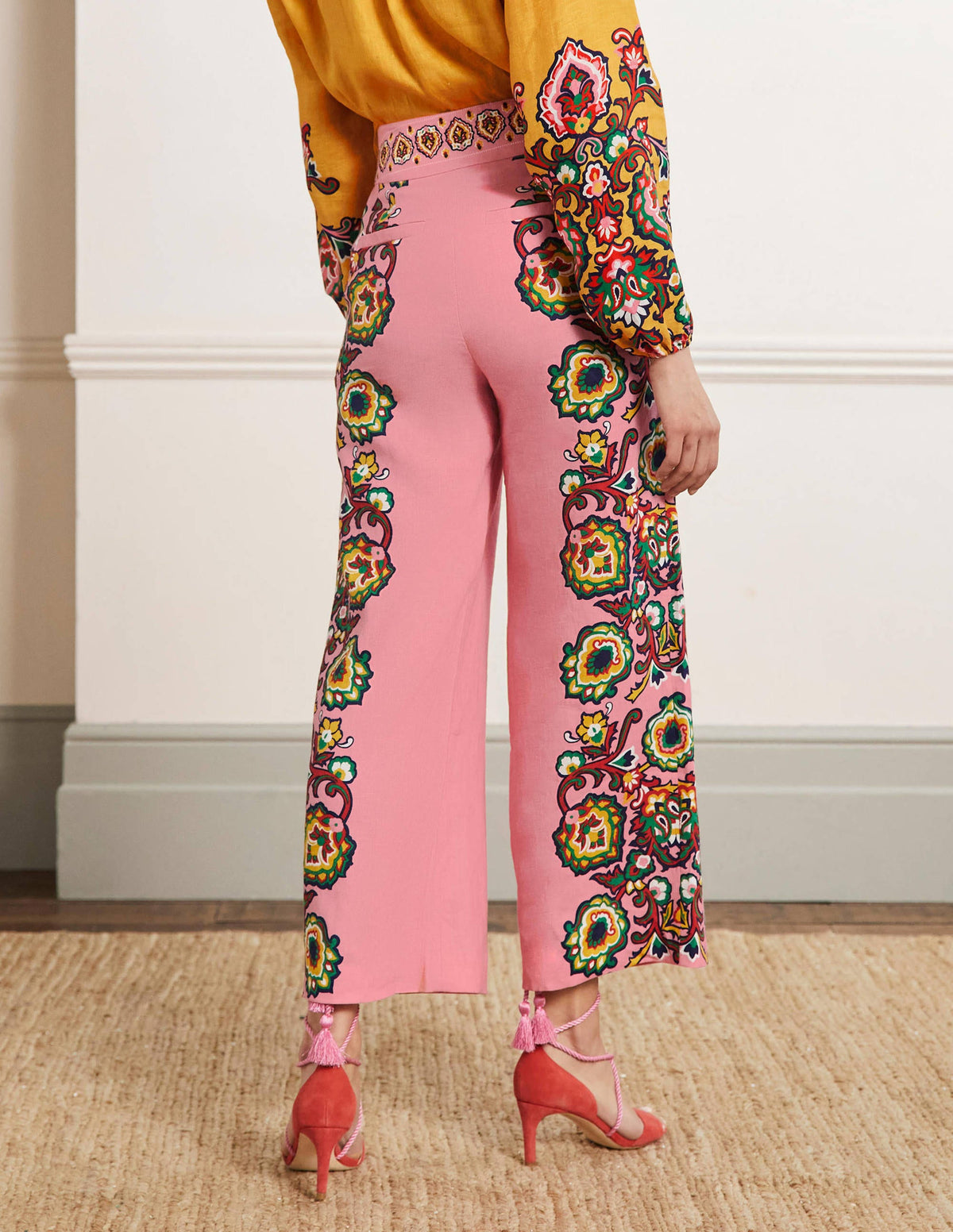 Printed Linen Pants-Azalea, Decorative Blooms-3
