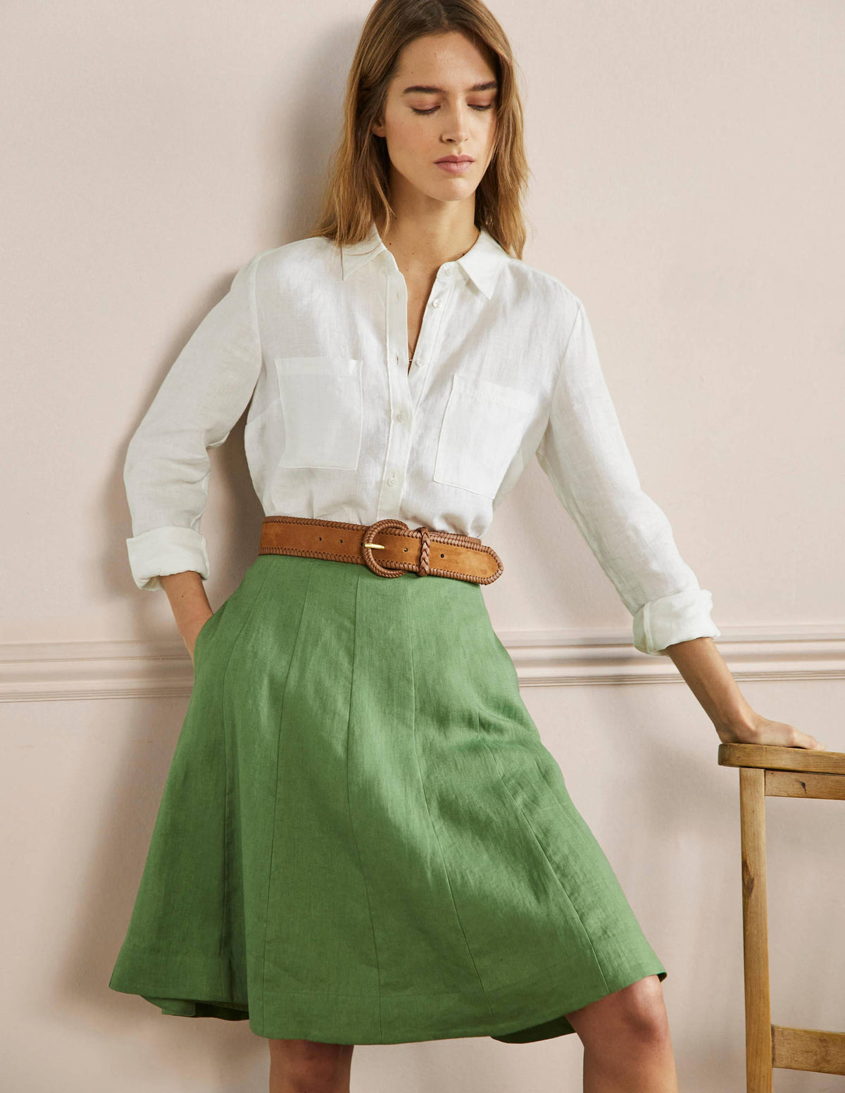 Panelled Linen Mini Skirt-English Ivy Green-1