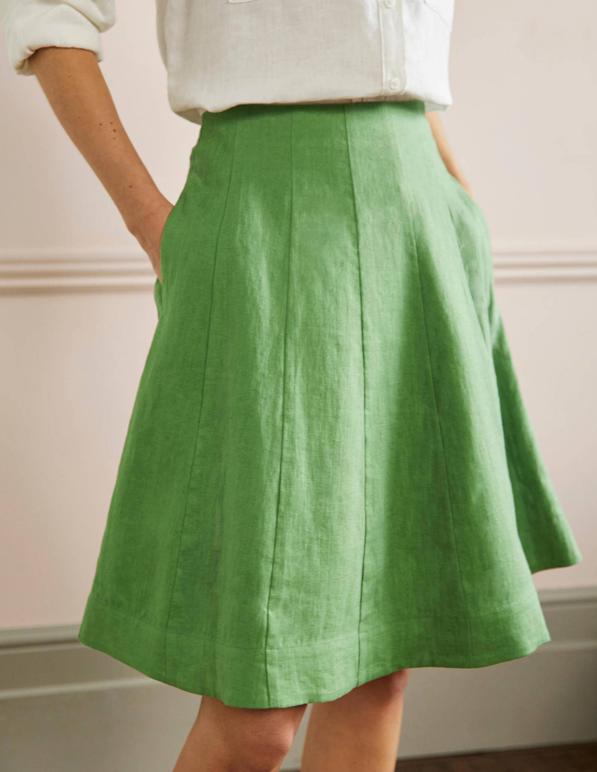 Panelled Linen Mini Skirt-English Ivy Green-4