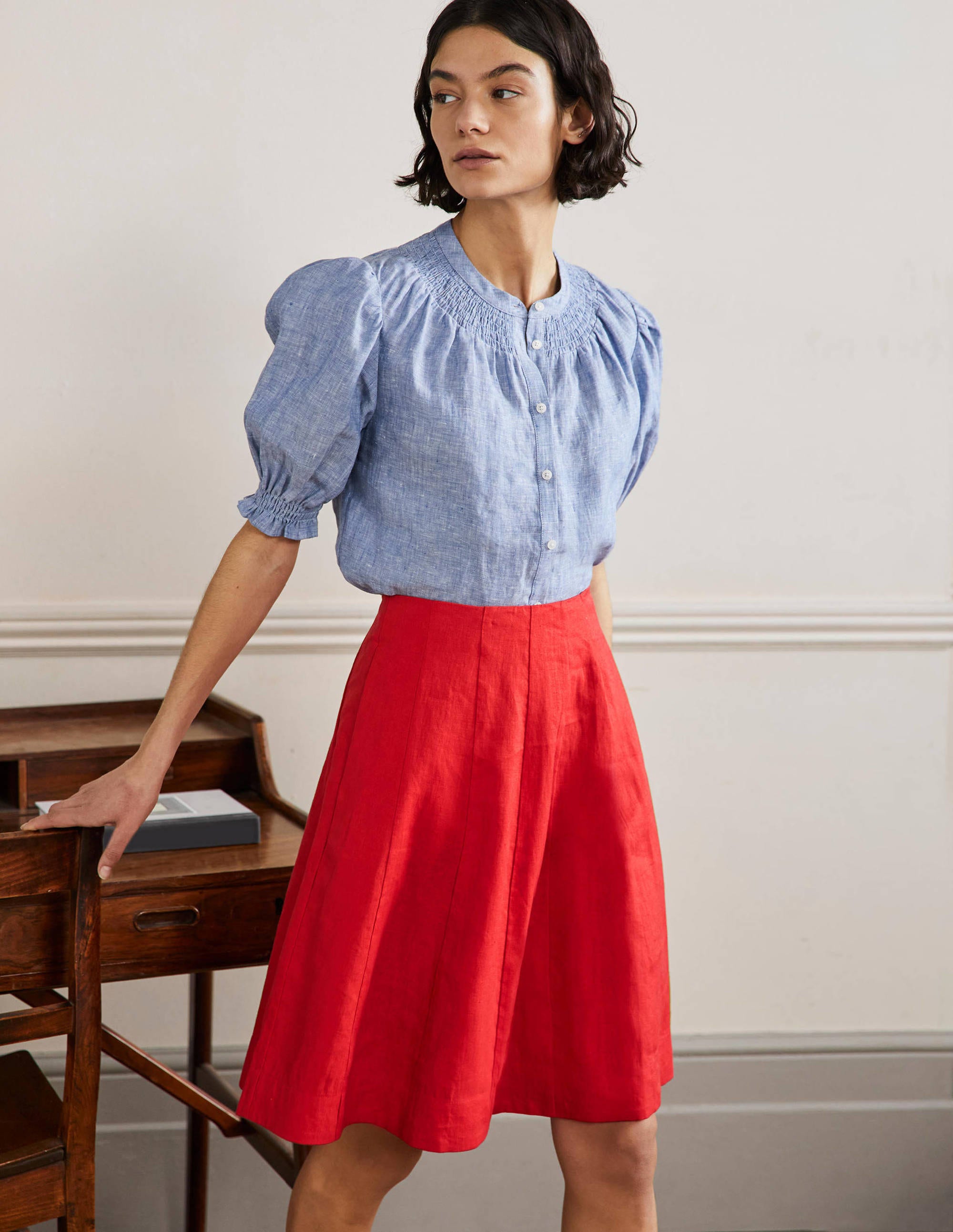 Panelled Linen Mini Skirt-Cherry Red - Image 1