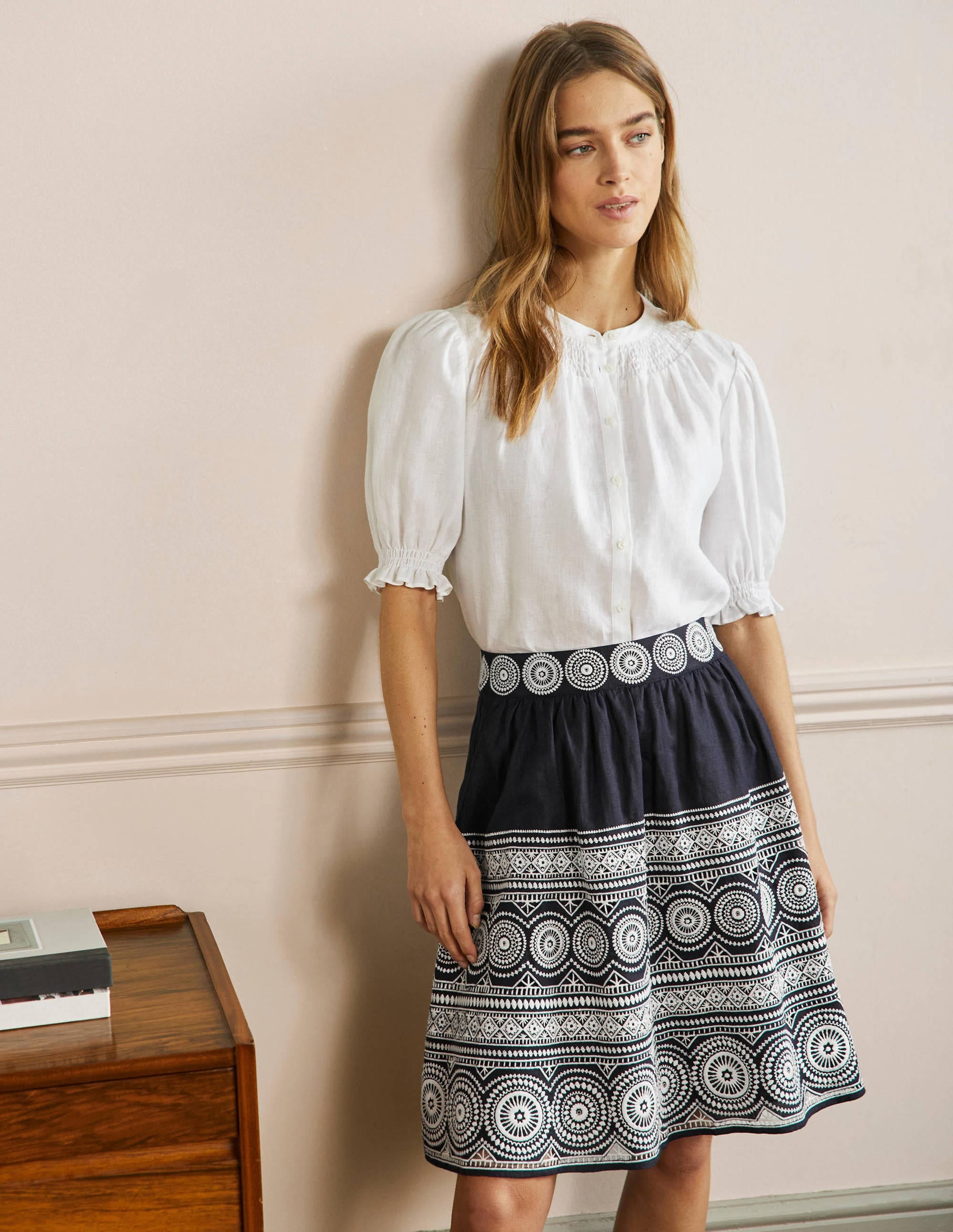 Tamsin Embroidered Linen Skirt-Navy, Embroidery - Image 1