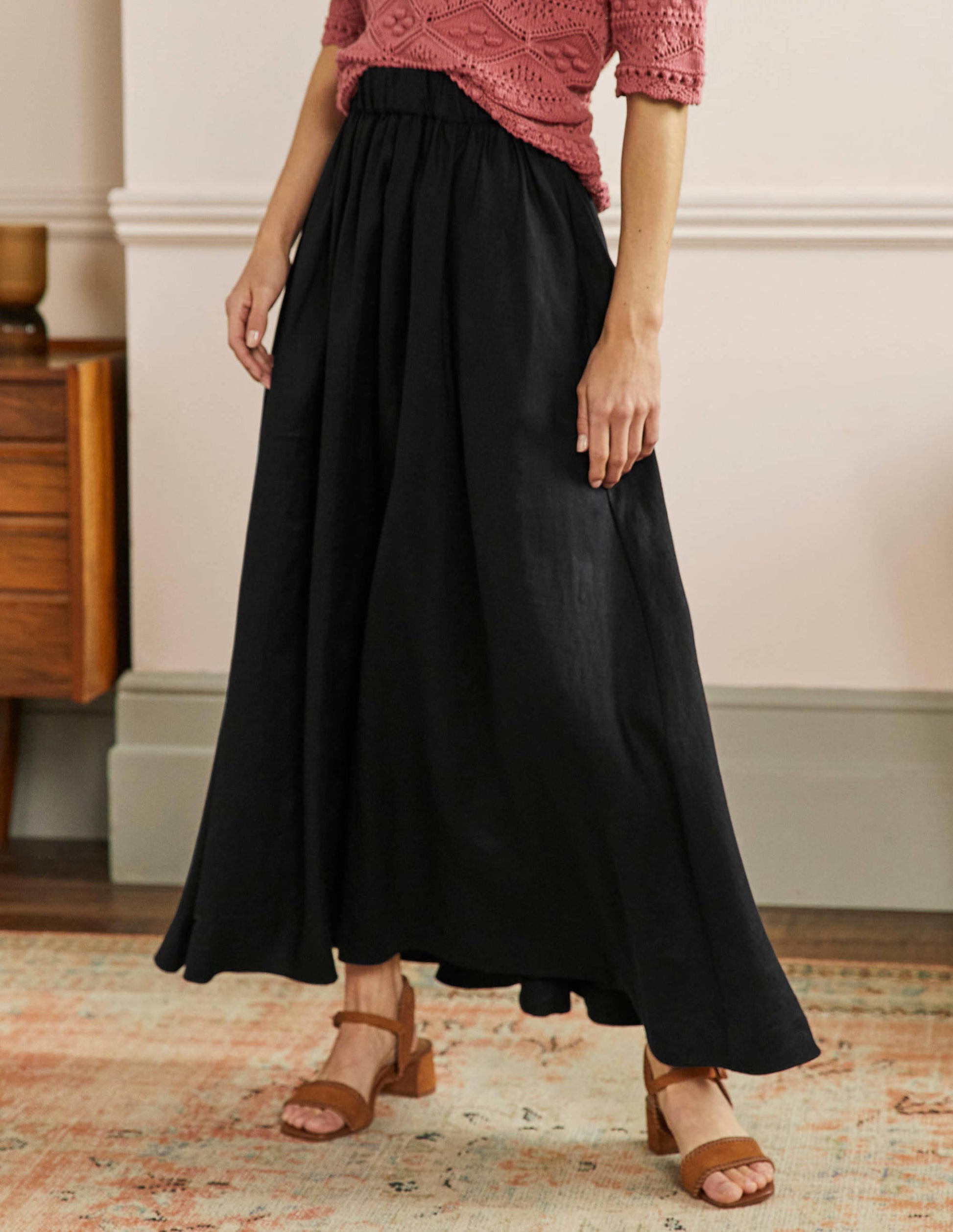 Pull-on Linen Maxi Skirt-Black-4
