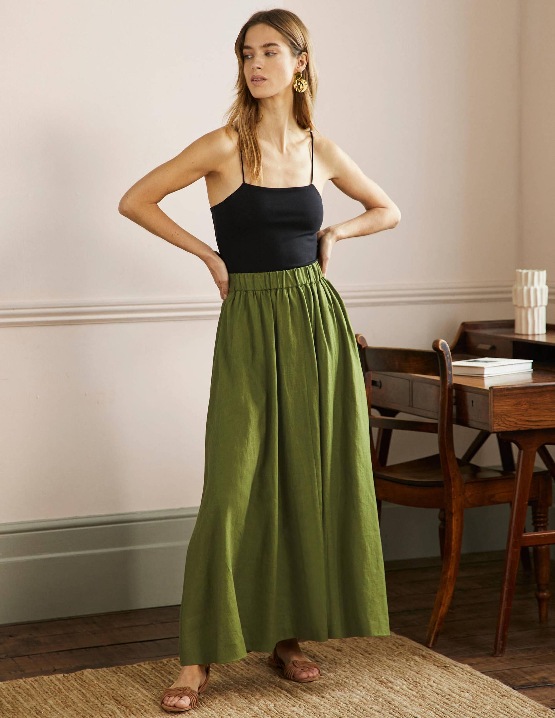 Pull-on Linen Maxi Skirt-Pea Green-1