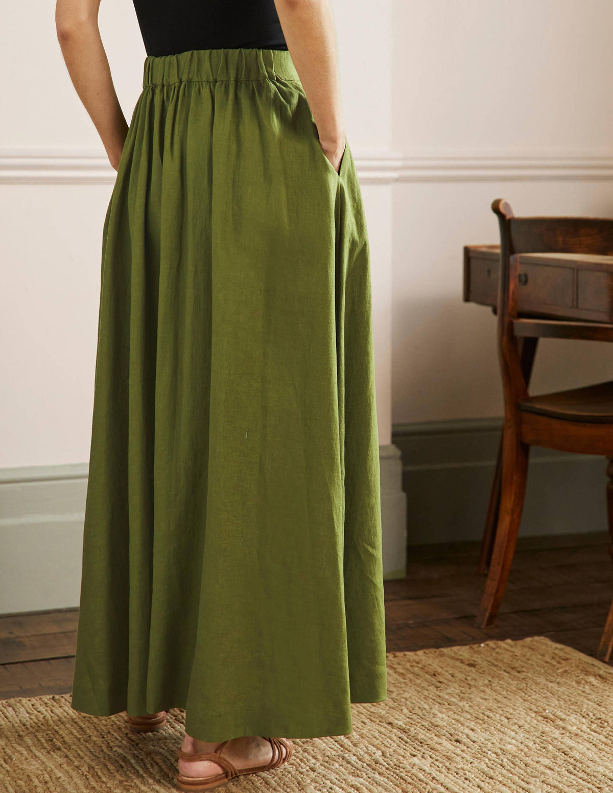 Pull-on Linen Maxi Skirt-Pea Green-3