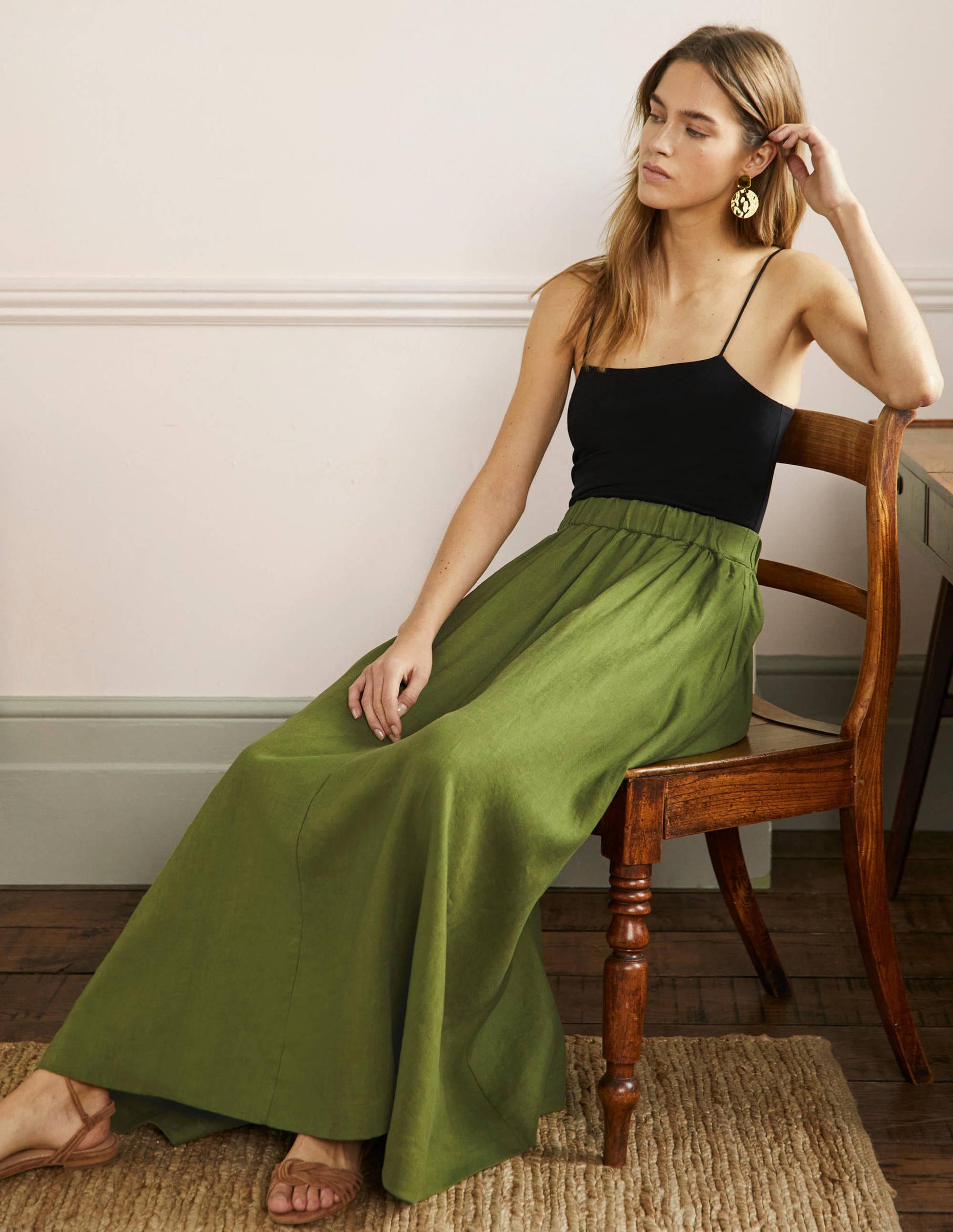 Pull-on Linen Maxi Skirt-Pea Green-5