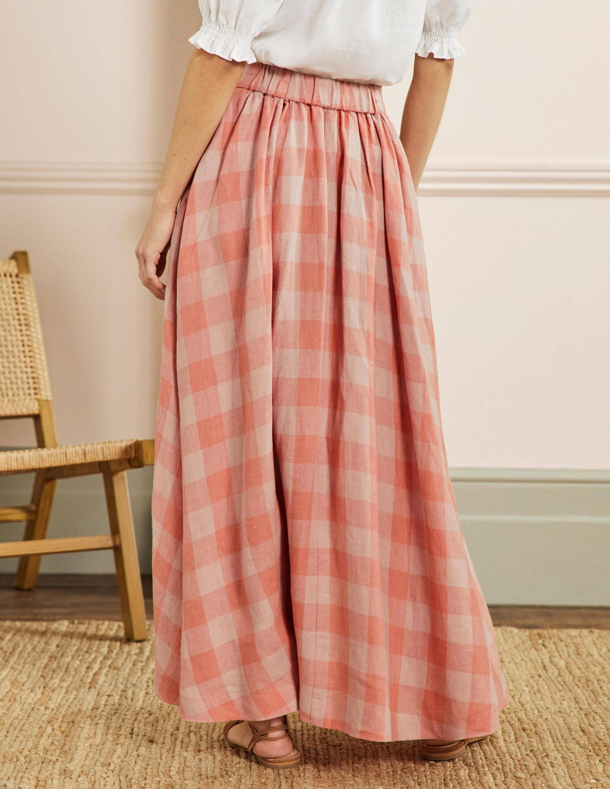 Pull-on Linen Maxi Skirt-Tonal Pink, Gingham-3