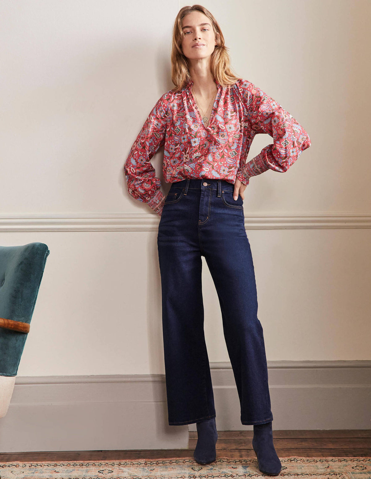 Cropped Wide Leg Jeans-Indigo - Image 6