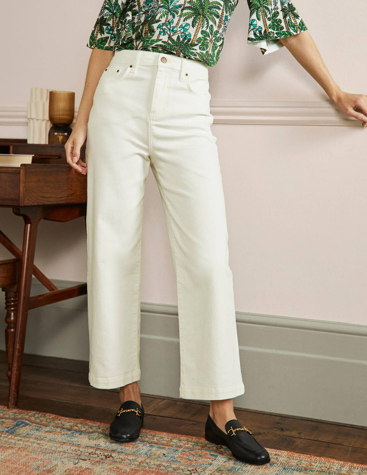 Cropped Wide Leg Jeans-Ecru - Image 4