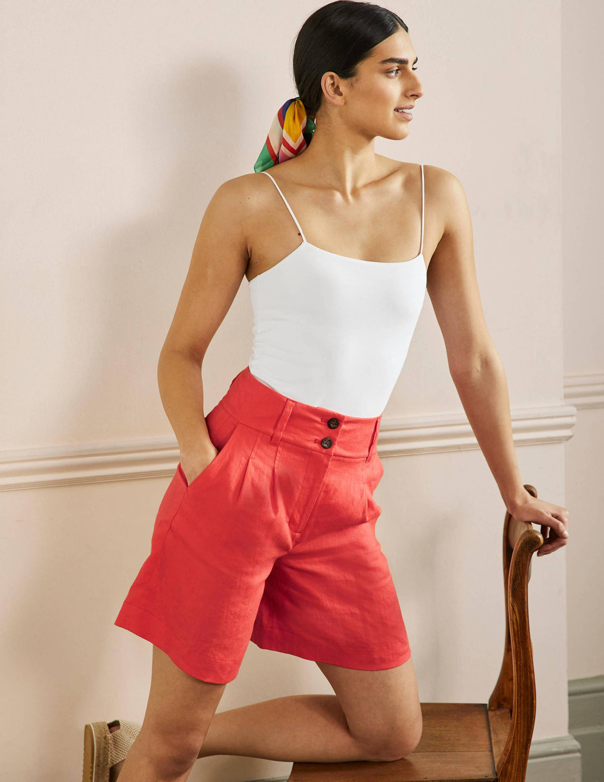 Linen Pleat Shorts-Hot Coral - Image 1