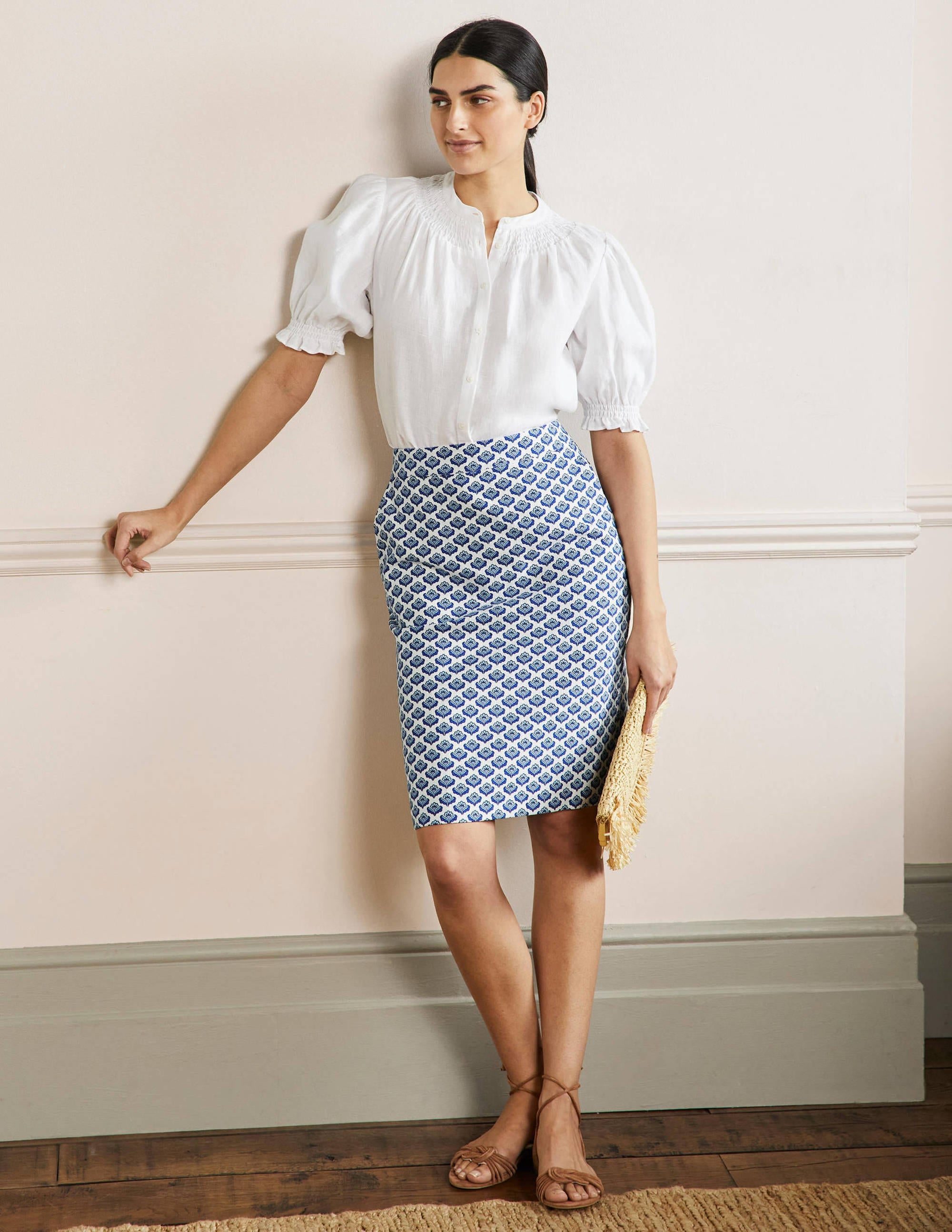 Textured Pencil Skirt-Ivory, Blue Oriental Bud - Image 1