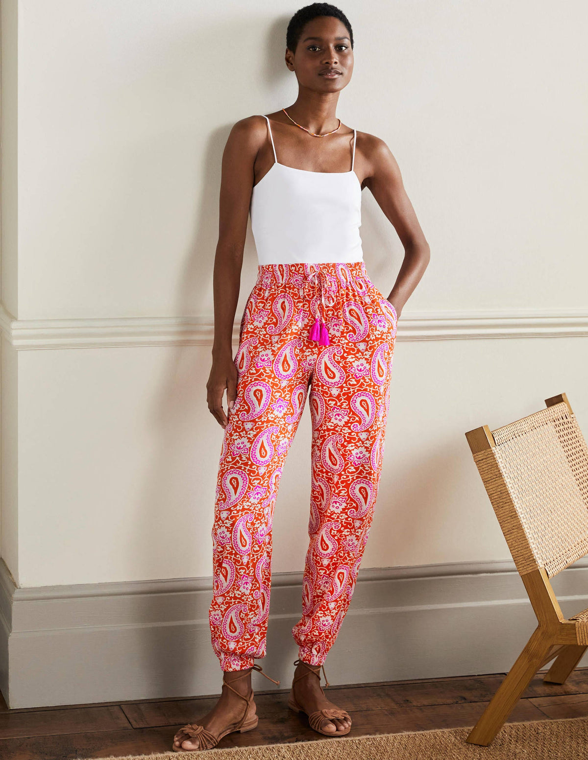 Crinkle Tapered Pants-Papaya, Enchanting Paisley-1