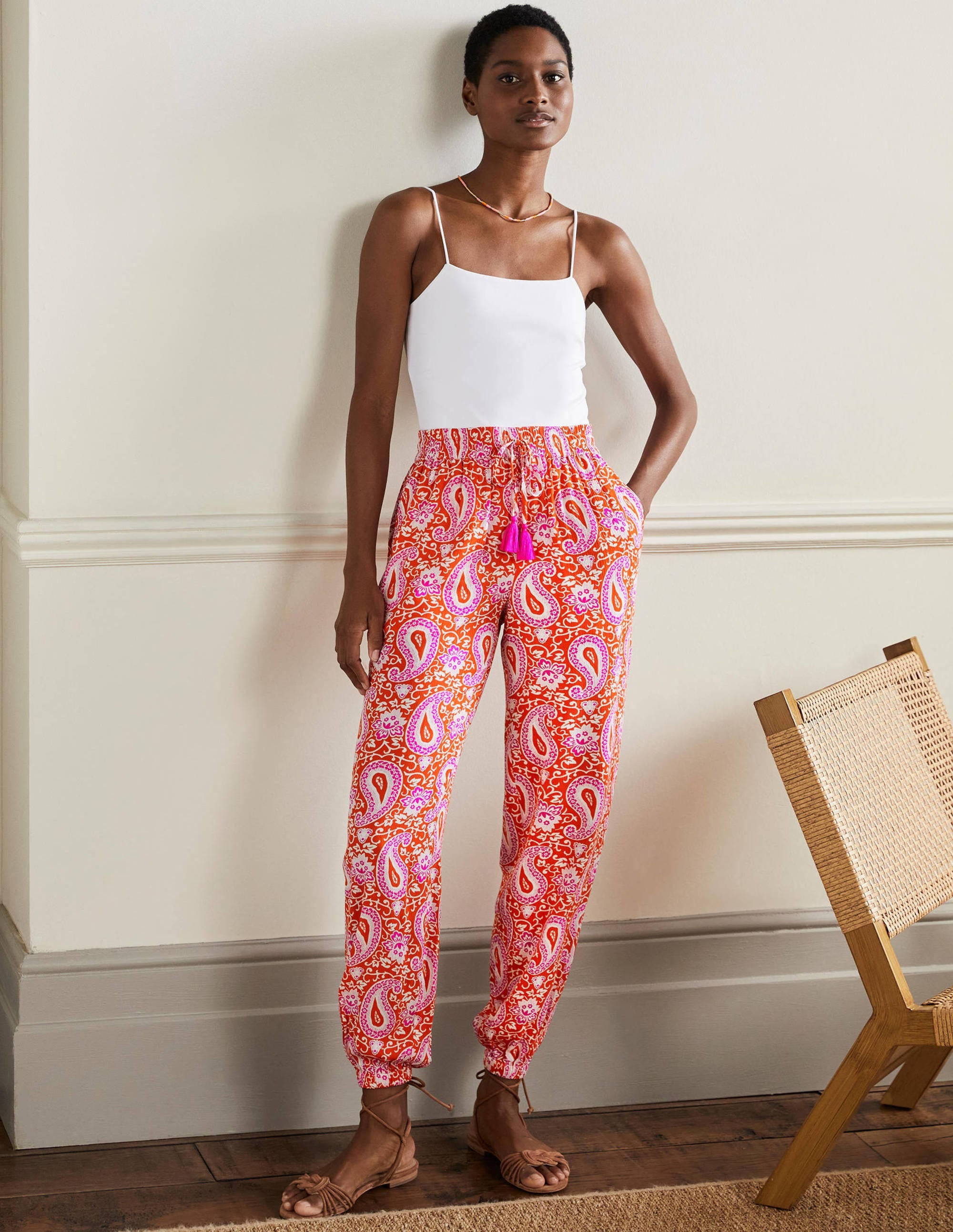 Crinkle Tapered Pants-Papaya, Enchanting Paisley - Image 1