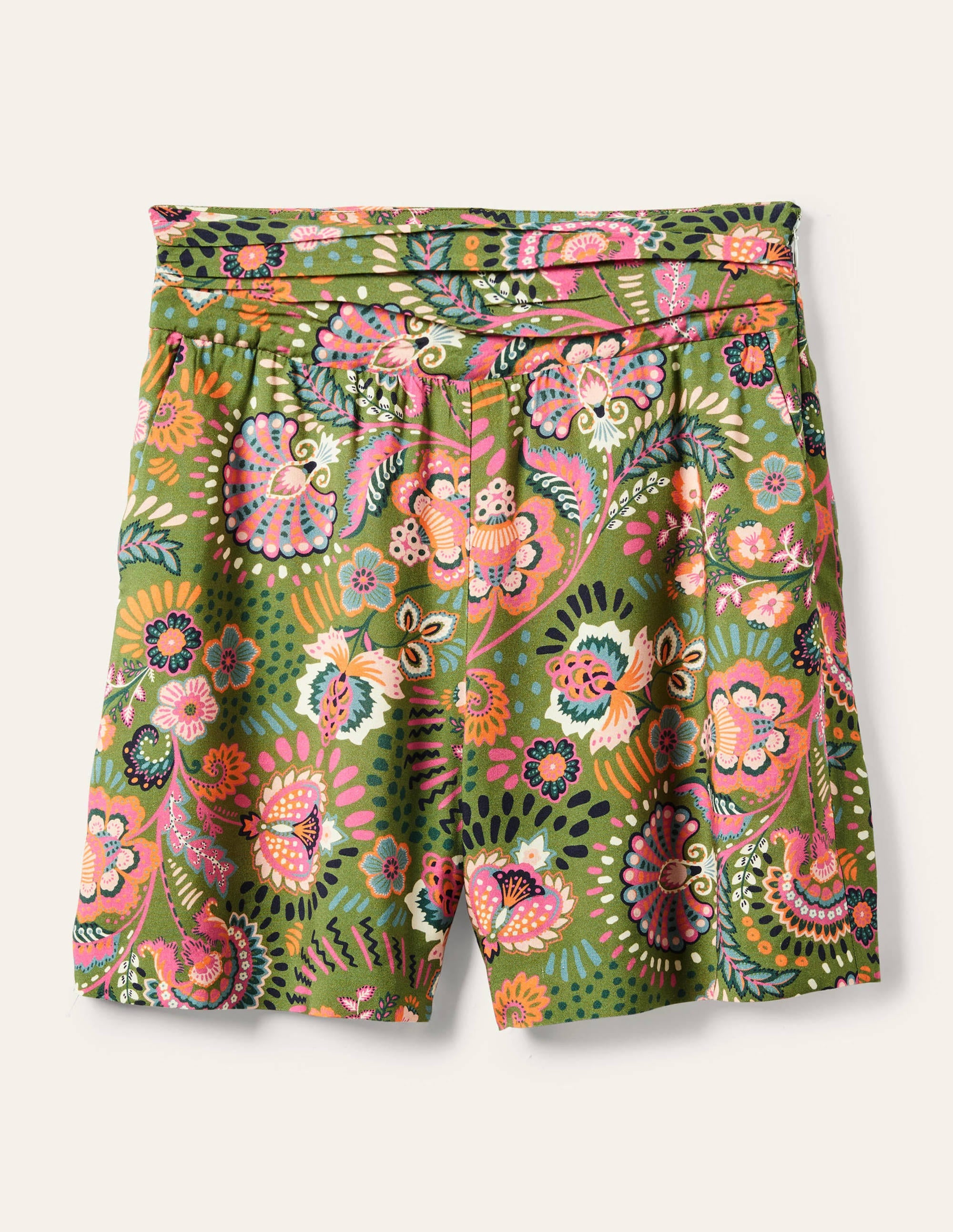 Ruched Waistband Shorts-Pea, Decorative Meadow - Image 5