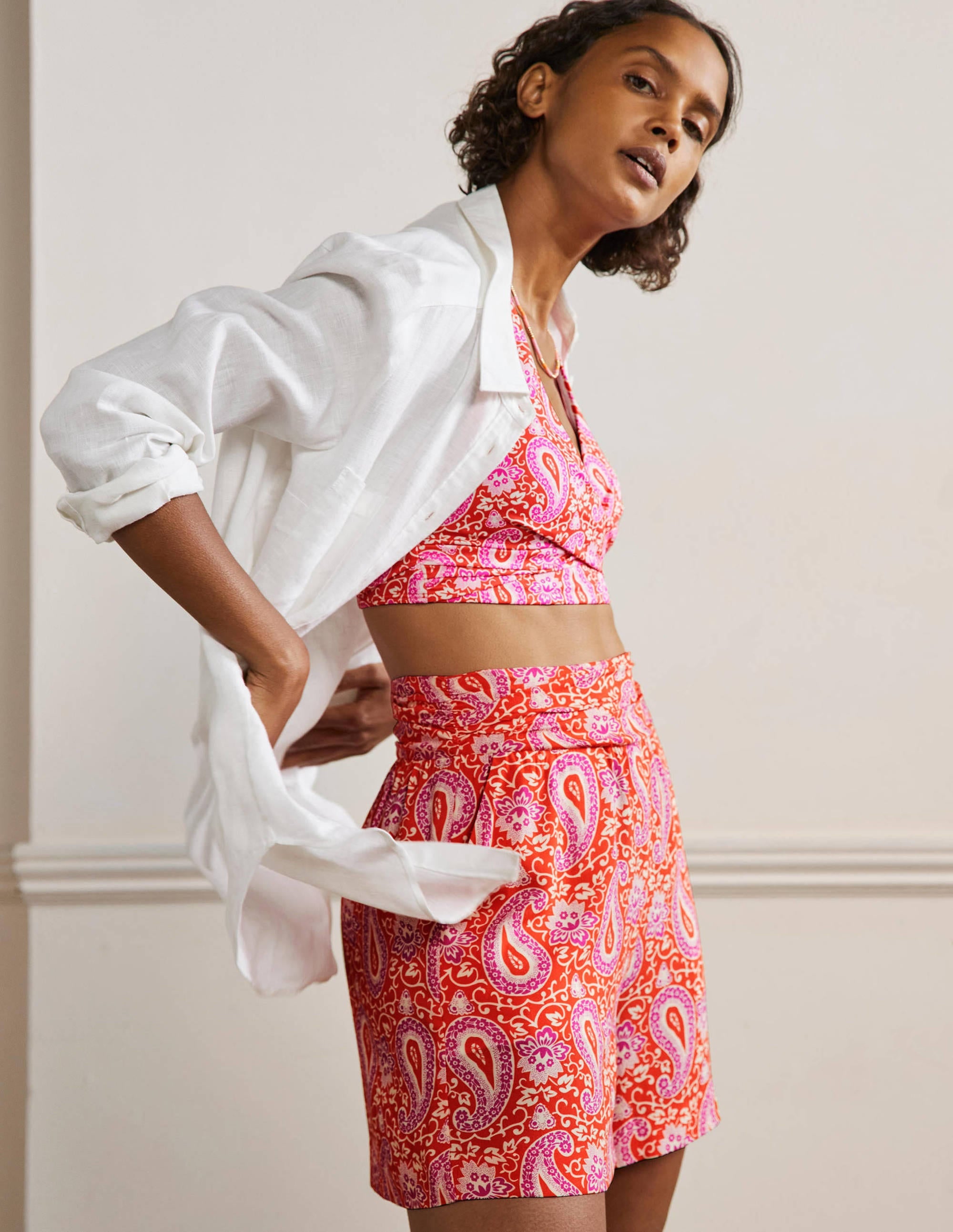 Ruched Waistband Shorts-Papaya, Enchanting Paisley - Image 1