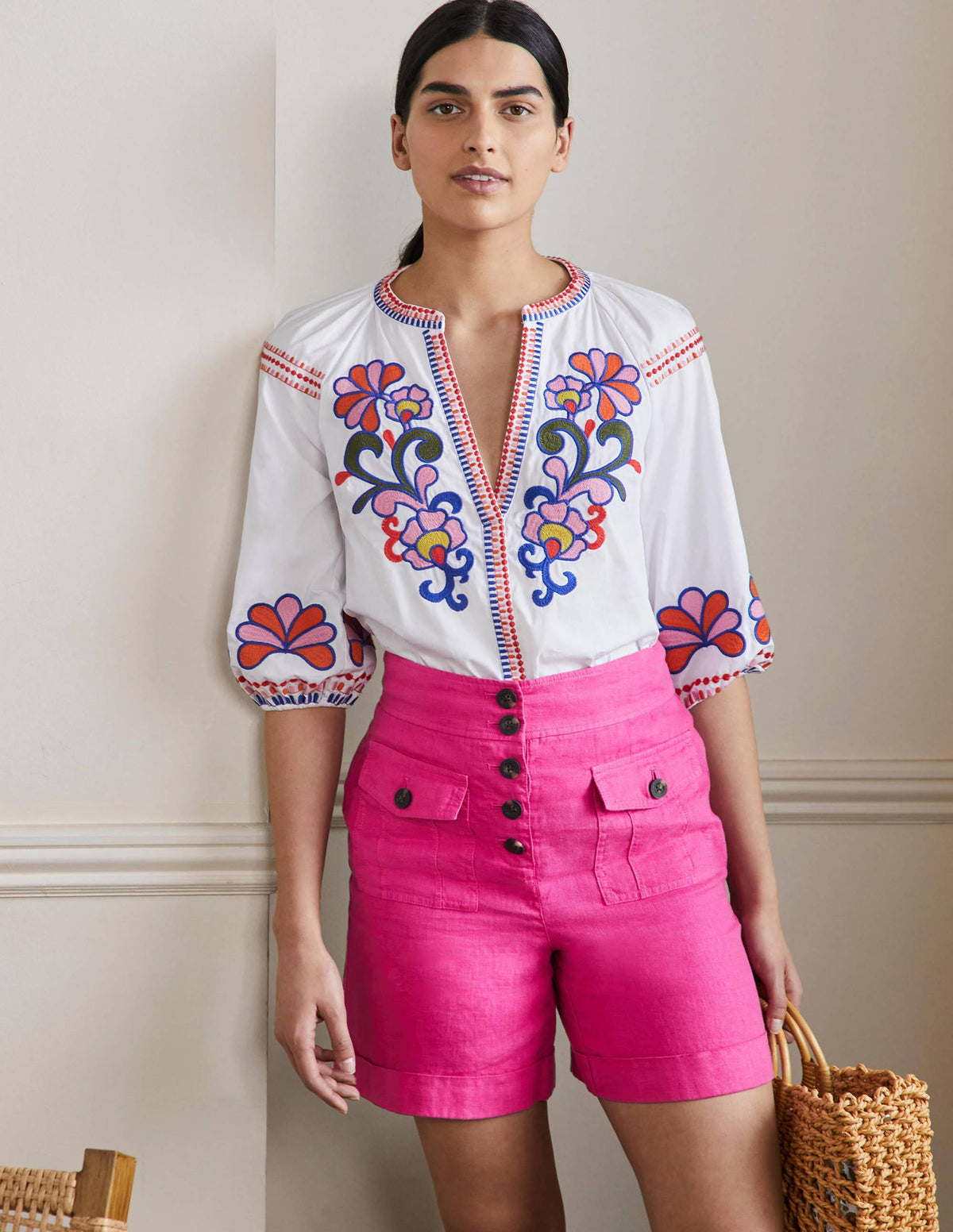 High Waisted Linen Shorts-Very Berry Pink - Image 1