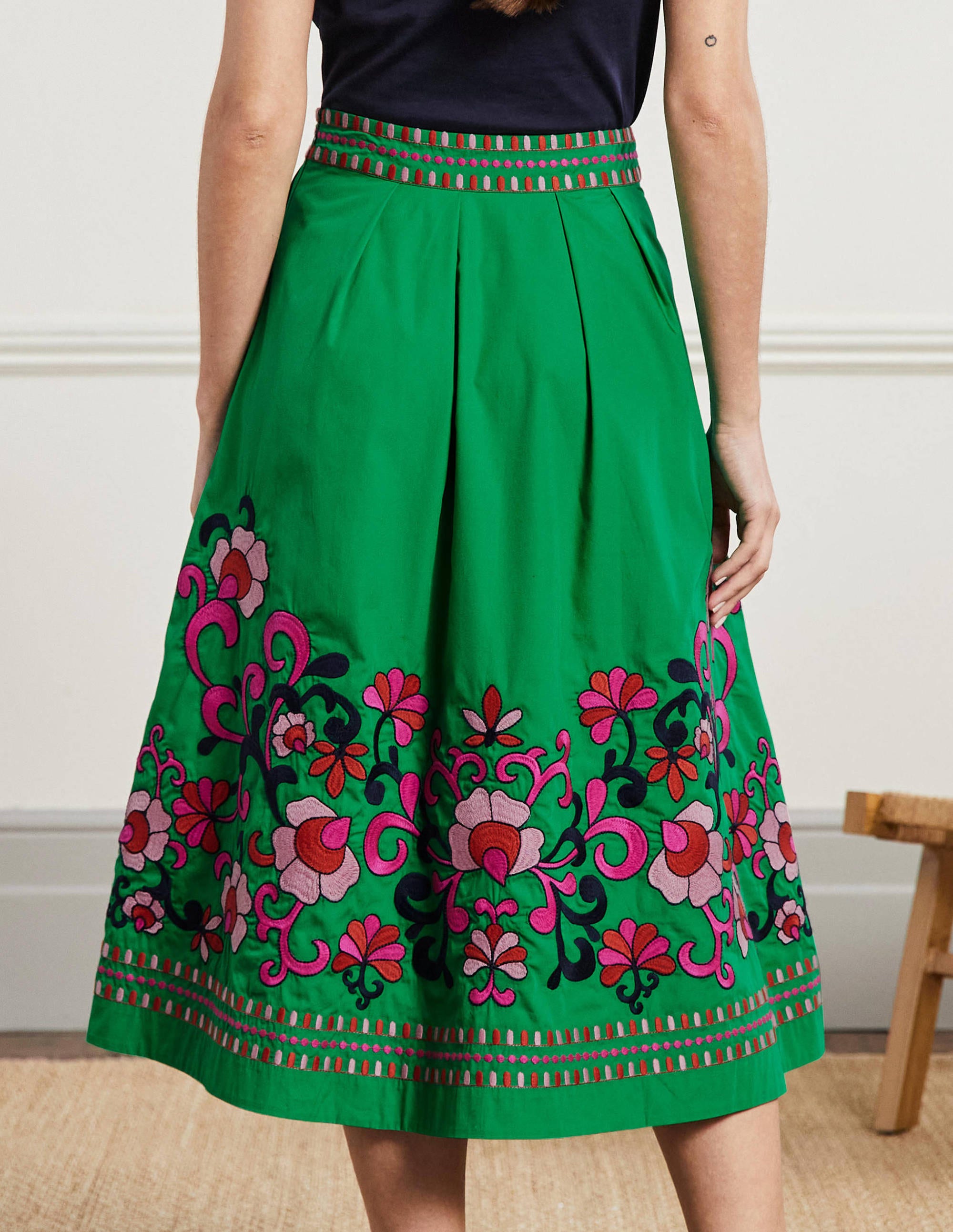 Embroidered Full Cotton Skirt-Rich Emerald, Multi Embroidery - Image 3