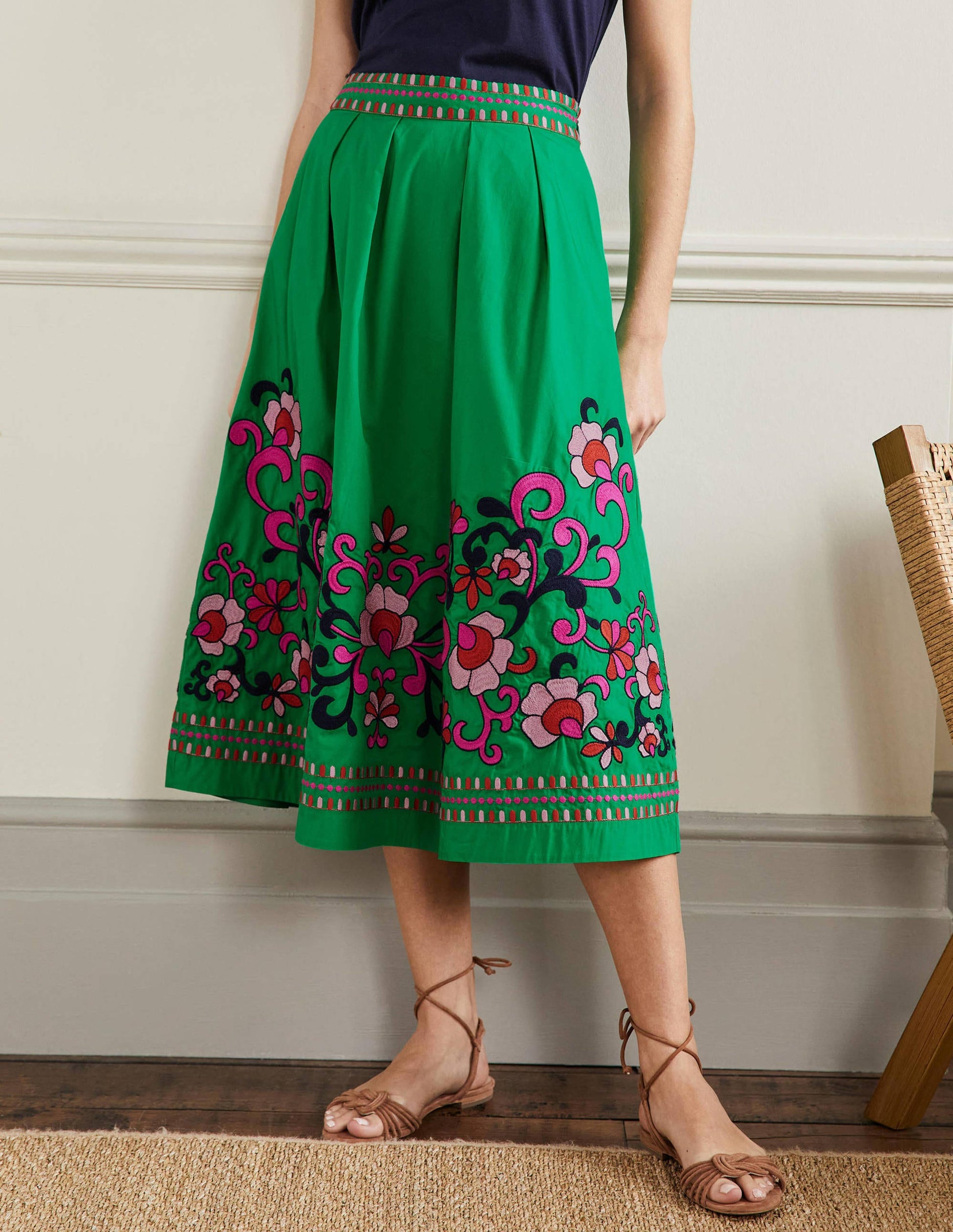 Embroidered Full Cotton Skirt-Rich Emerald, Multi Embroidery-4