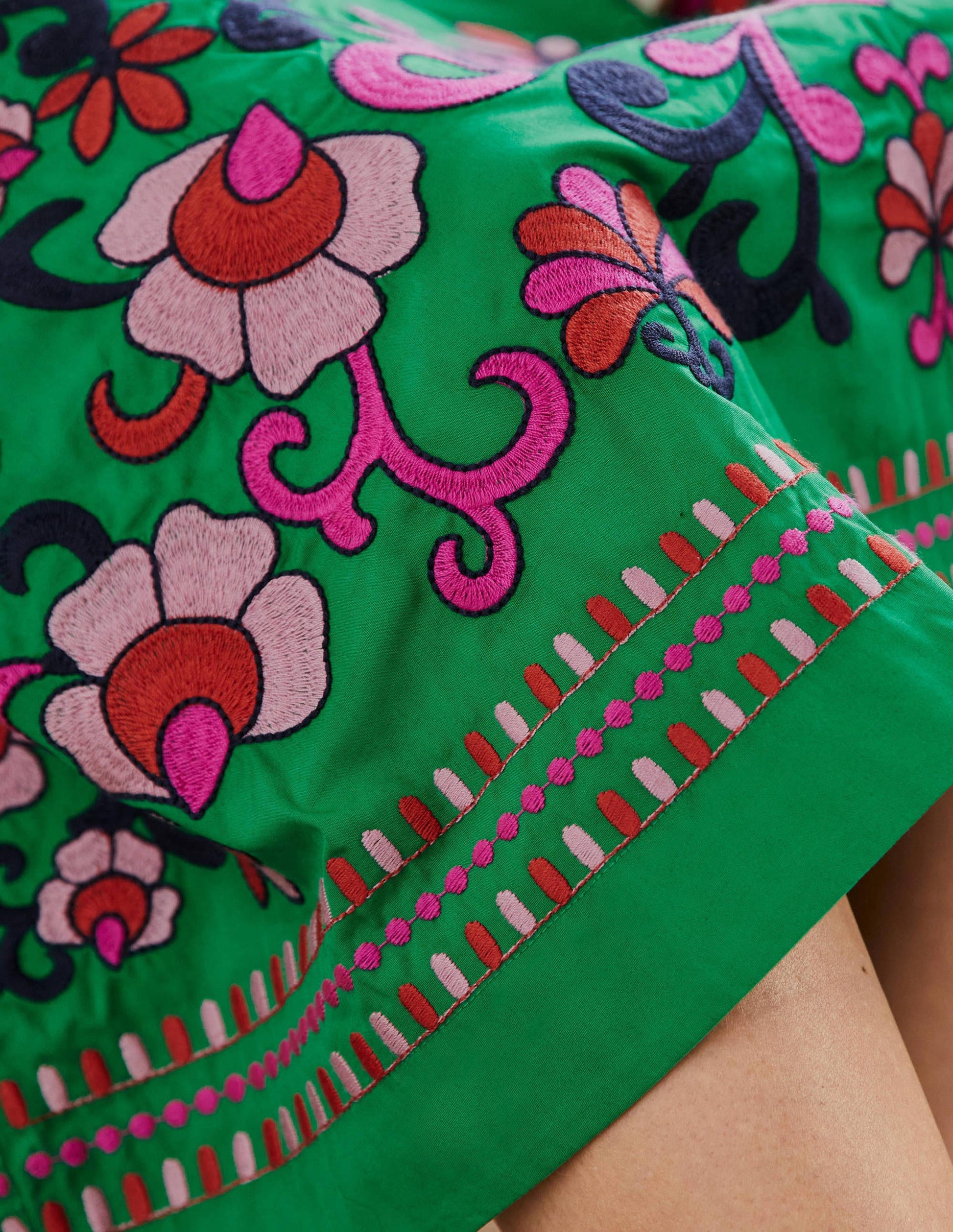 Embroidered Full Cotton Skirt-Rich Emerald, Multi Embroidery-5