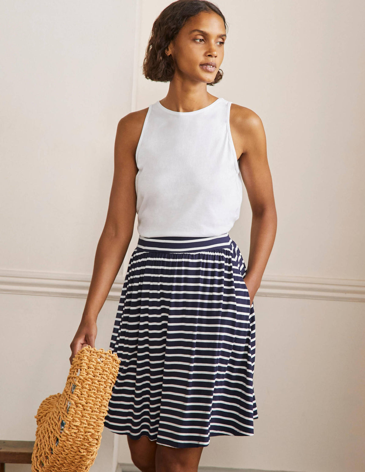 Pull On Jersey Mini Skirt-Navy and Ivory Stripe - Image 1