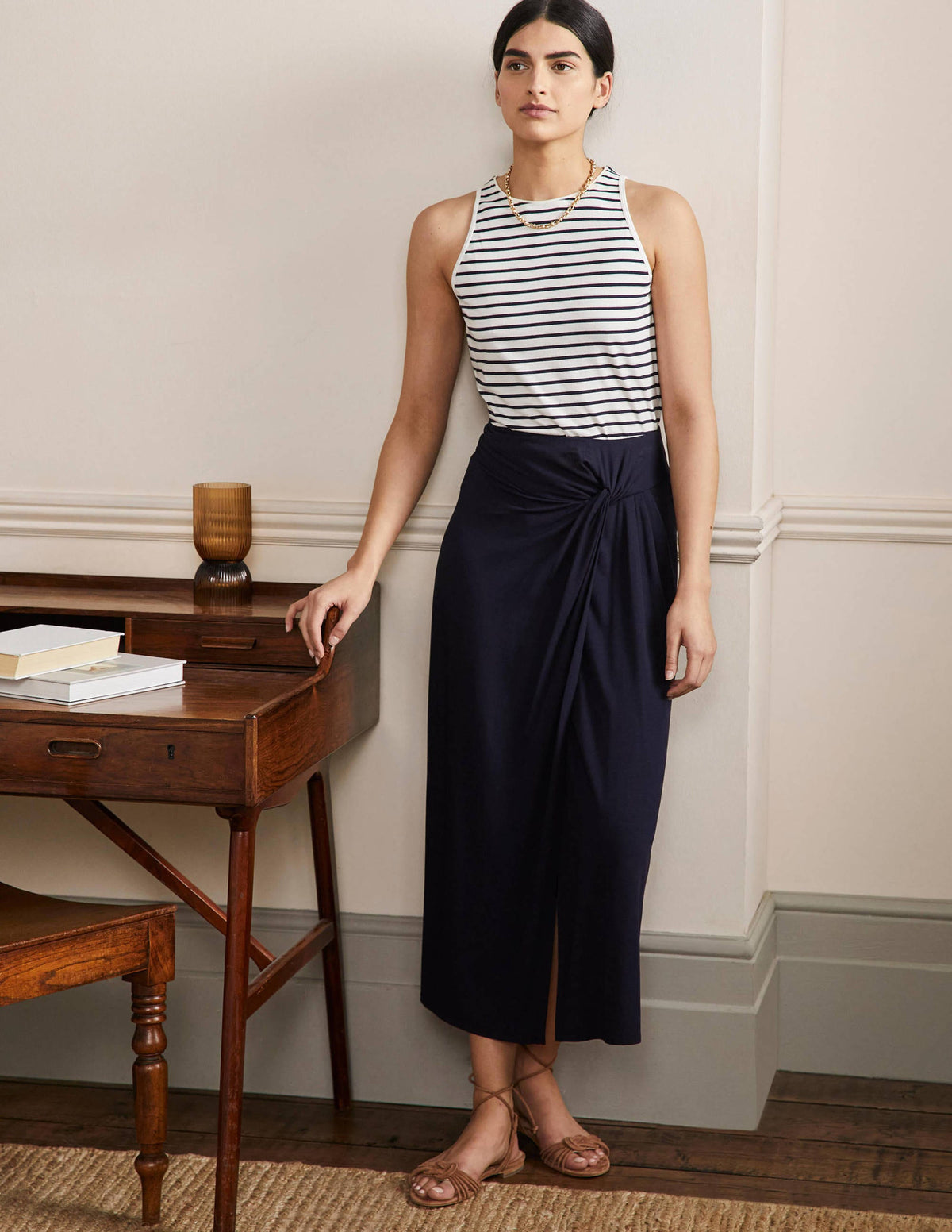 Knot Waist Jersey Midi Skirt-Navy-1
