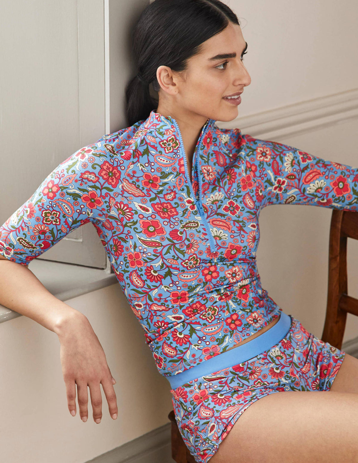 Mid Sleeve Rash Guard-Dusty Blue, Oriental Paradise-1