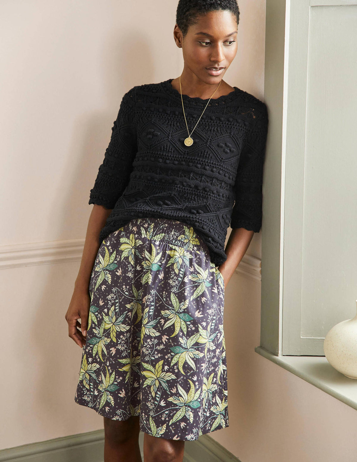 Shirred Waist Cotton Skirt-Black, Oriental Cascade - Image 1