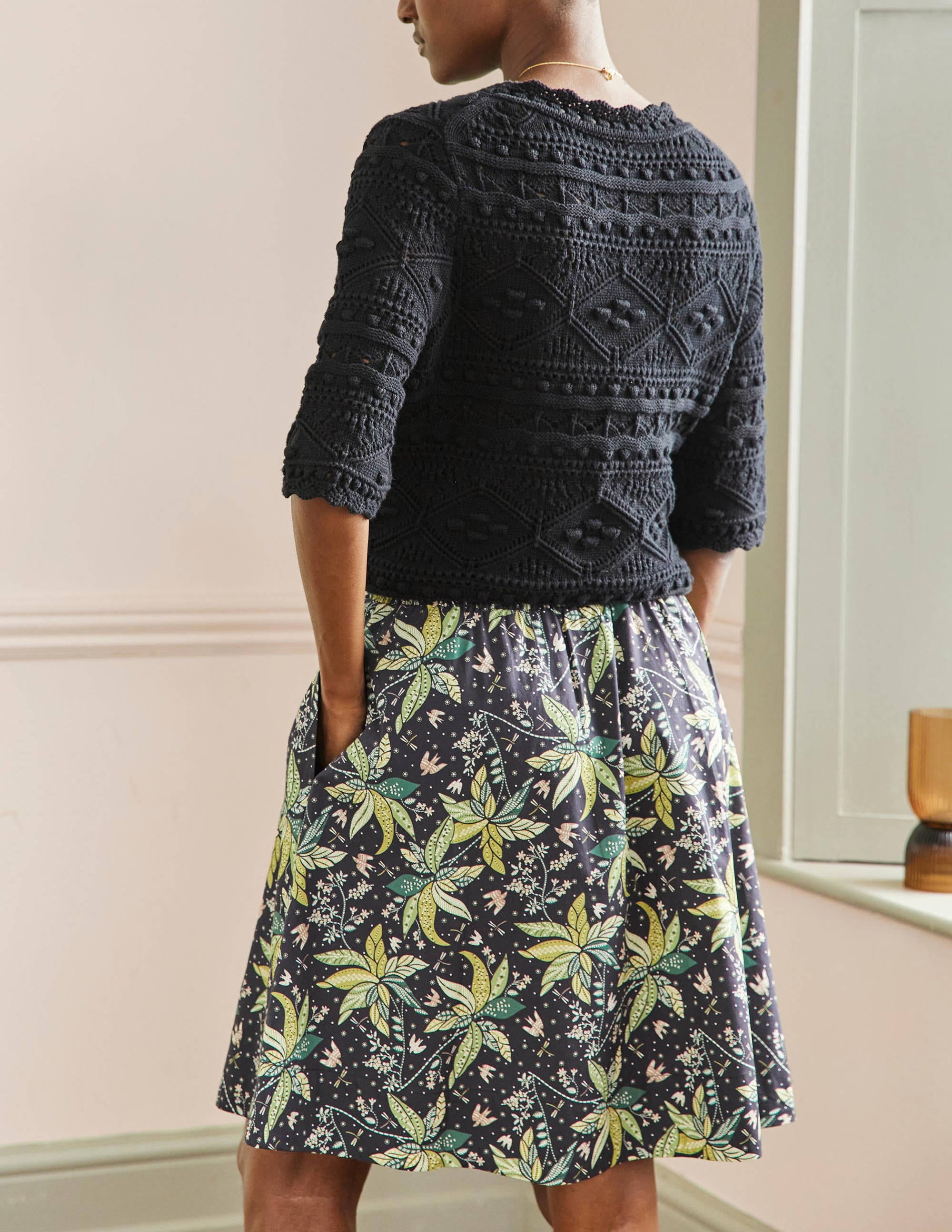 Shirred Waist Cotton Skirt-Black, Oriental Cascade - Image 3