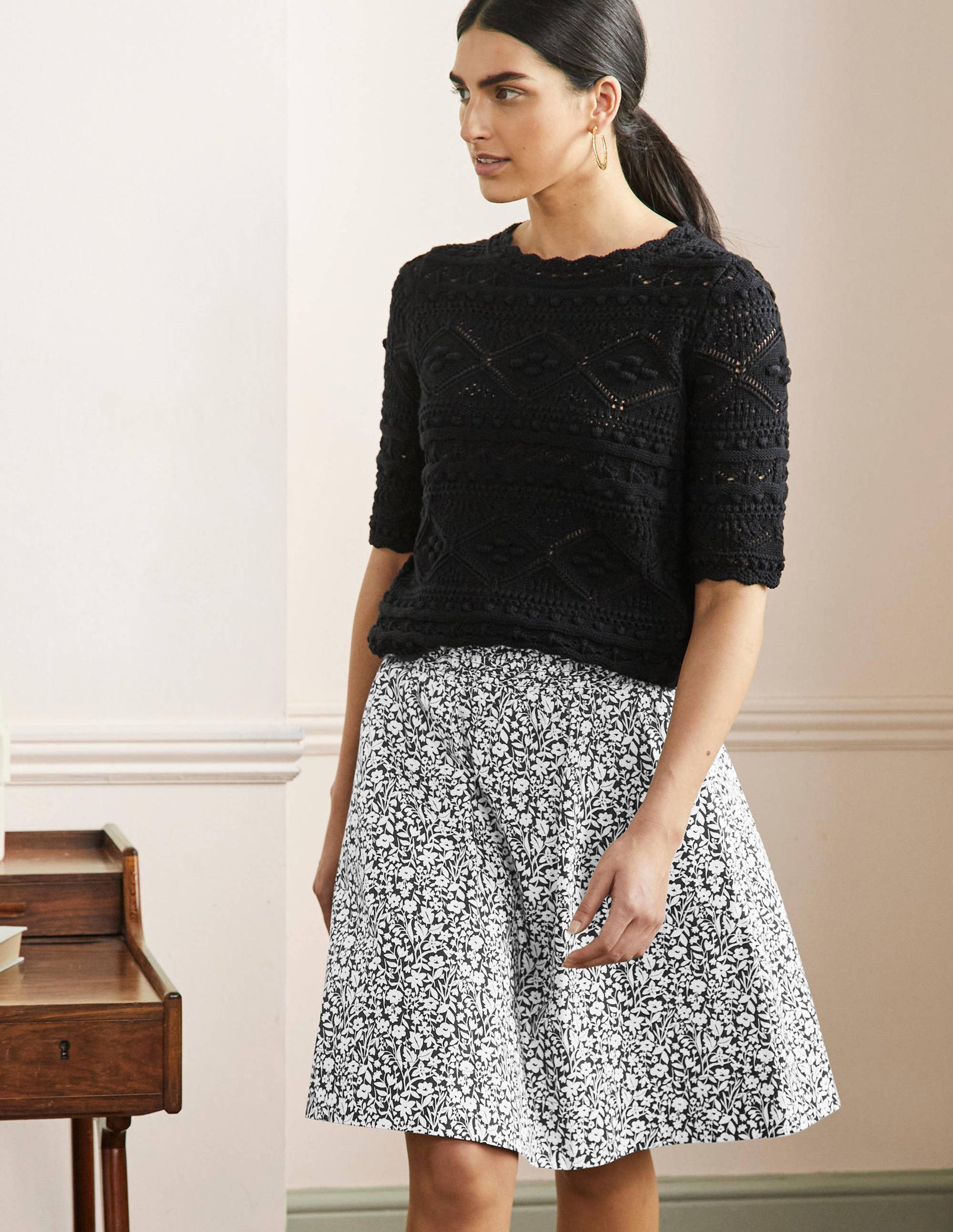 Shirred Waist Cotton Skirt-Black, Wildflower Sprig-1