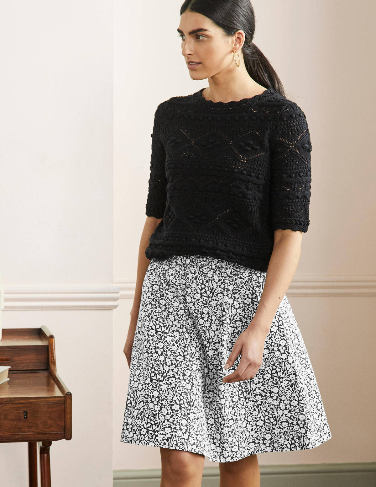 Shirred Waist Cotton Skirt-Black, Wildflower Sprig - Image 1