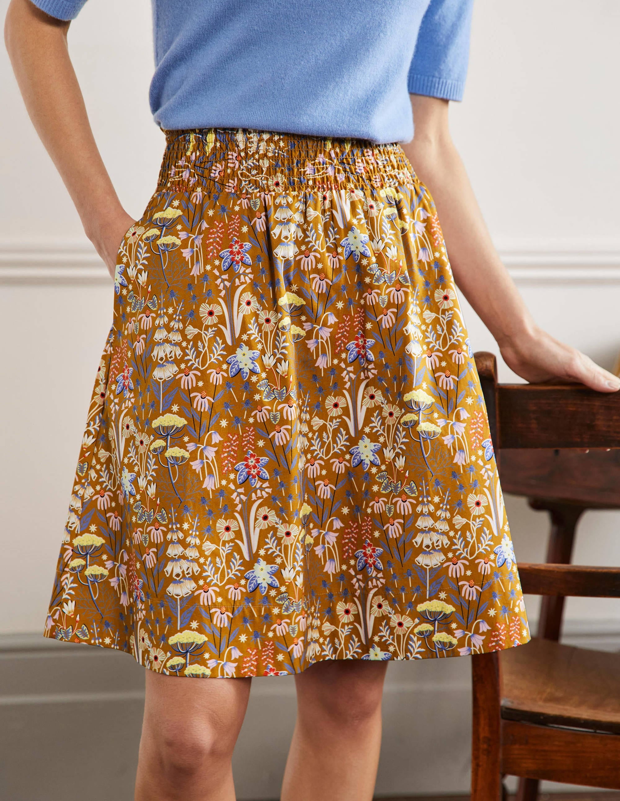 Shirred Waist Cotton Skirt-Frankincense, Wildflower Bloom - Image 4