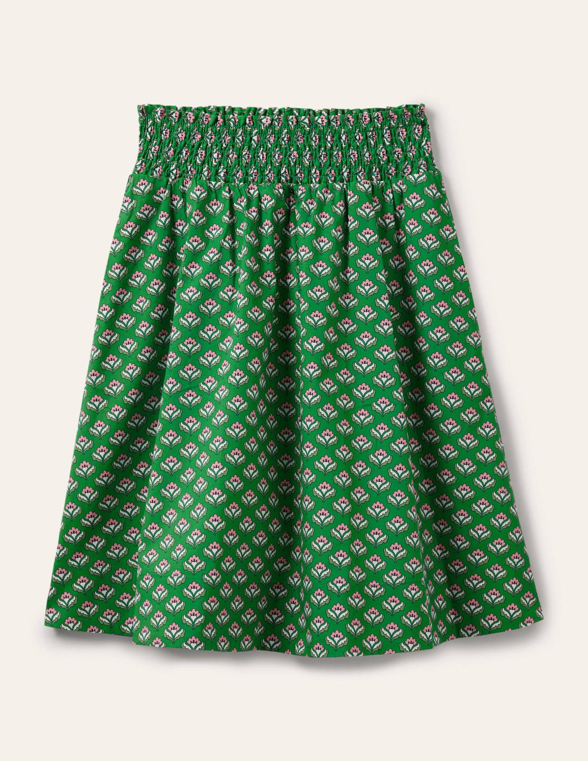 Shirred Waist Cotton Skirt-Green, Oriental Bud - Image 6