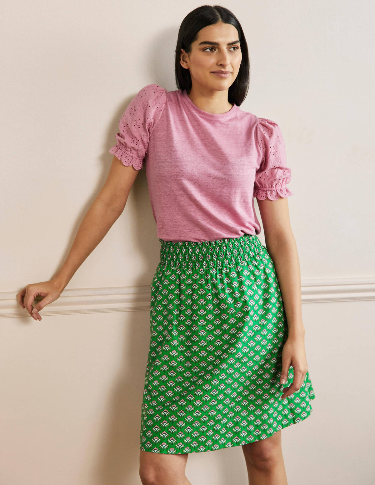 Shirred Waist Cotton Skirt-Green, Oriental Bud - Image 1