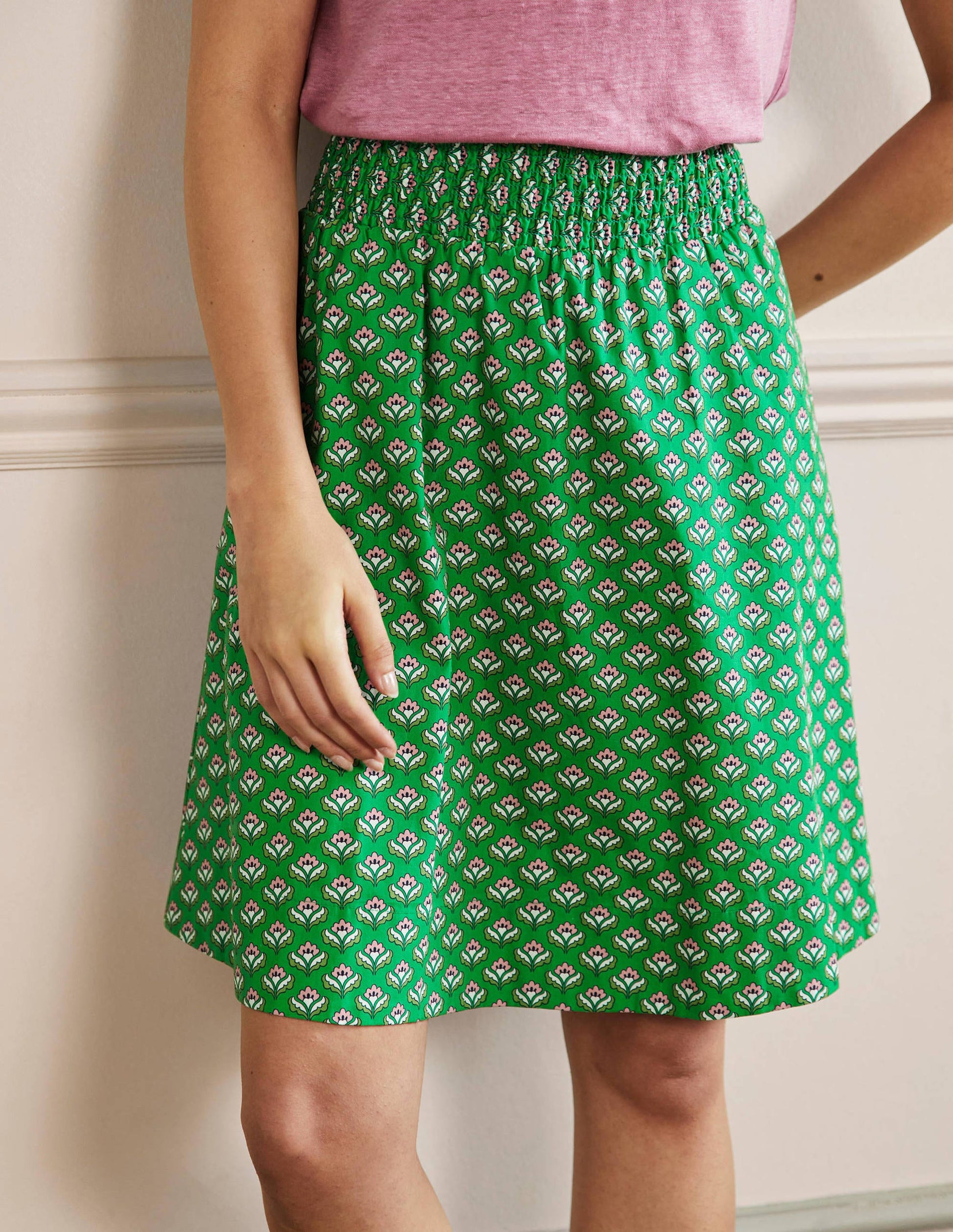 Shirred Waist Cotton Skirt-Green, Oriental Bud-4