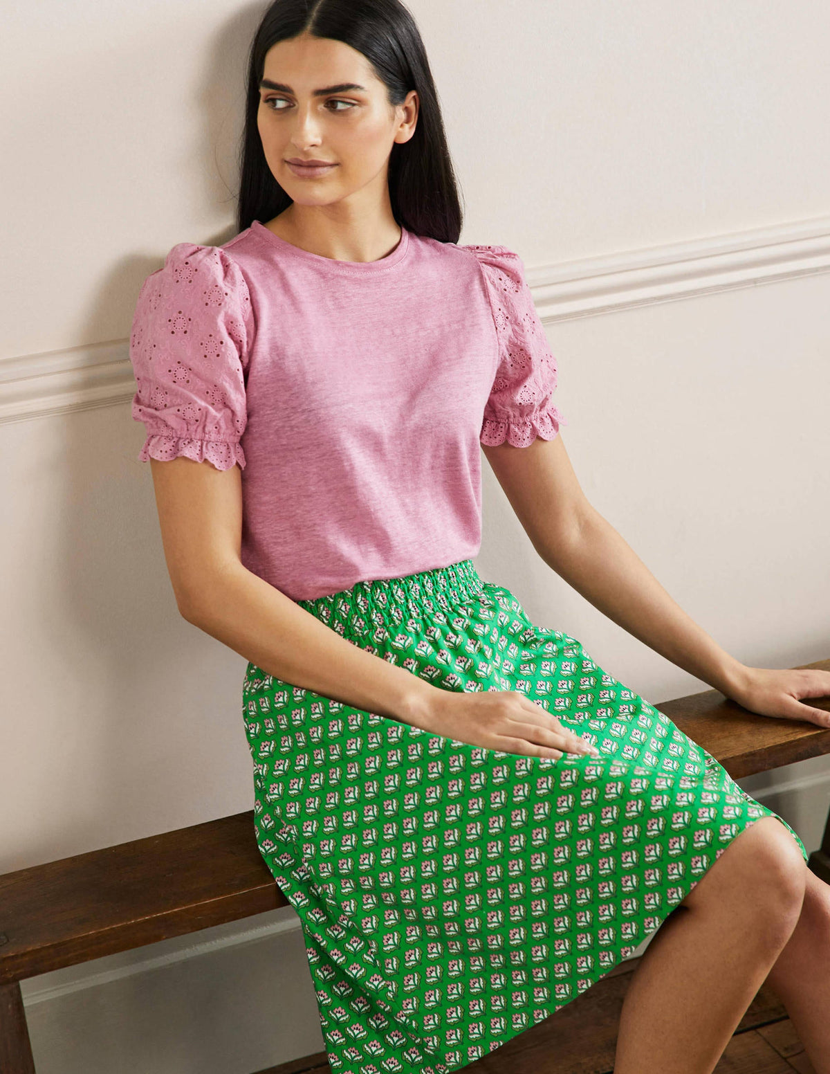 Shirred Waist Cotton Skirt-Green, Oriental Bud - Image 5