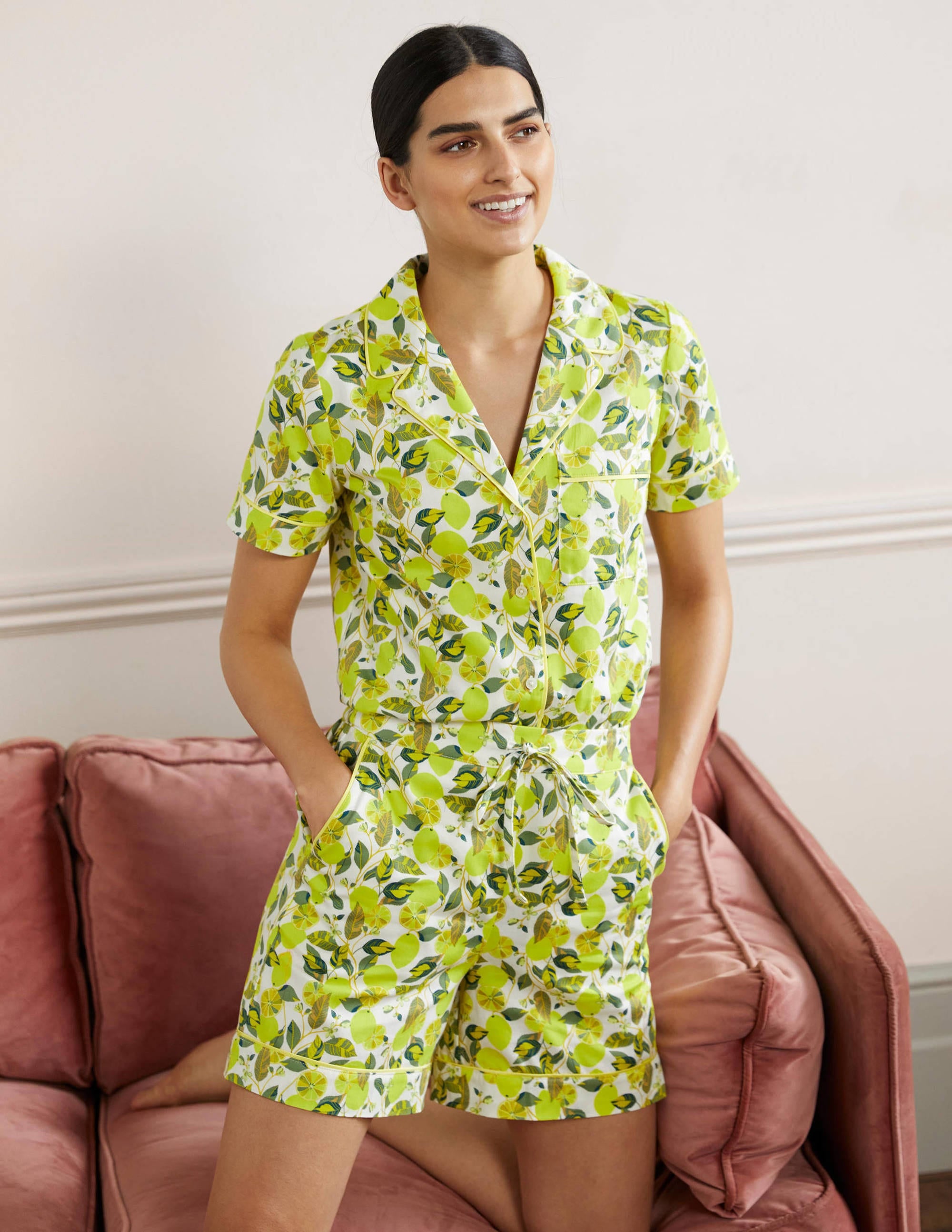 Cotton Pajama Shorts-Ivory, Lemon Vine - Image 1