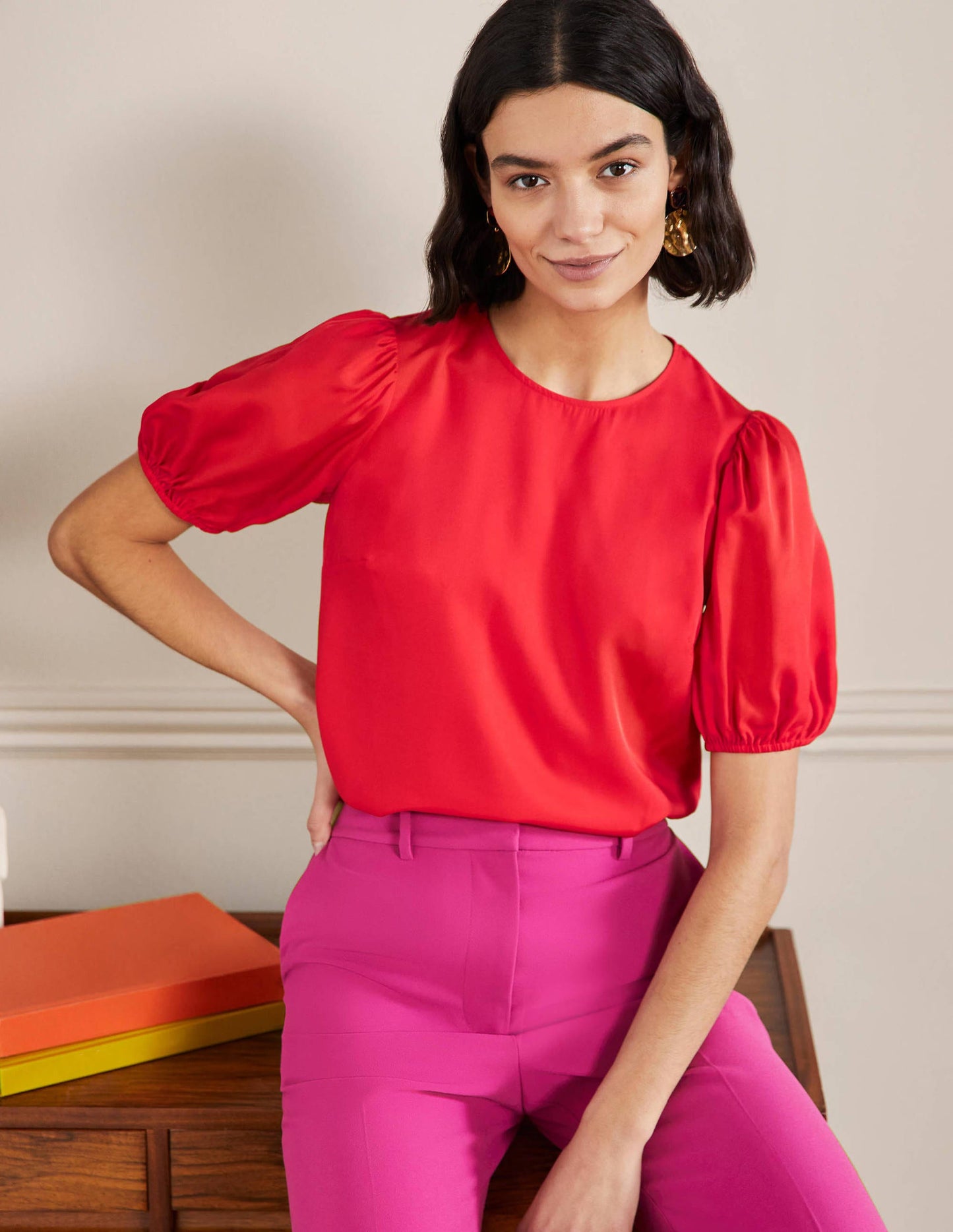 Adriana Puff Sleeve Top-Fire Red