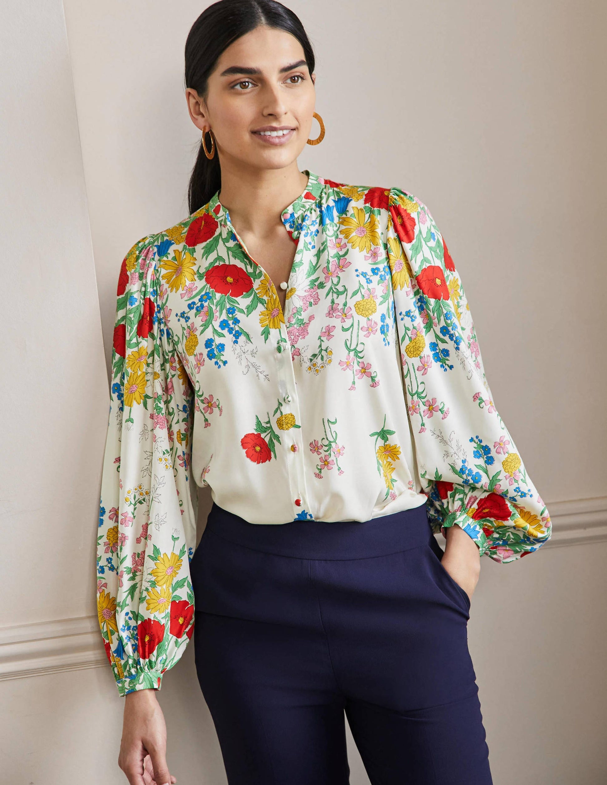Blouson Sleeve Blouse-Ivory,  Botanical Terrace-1