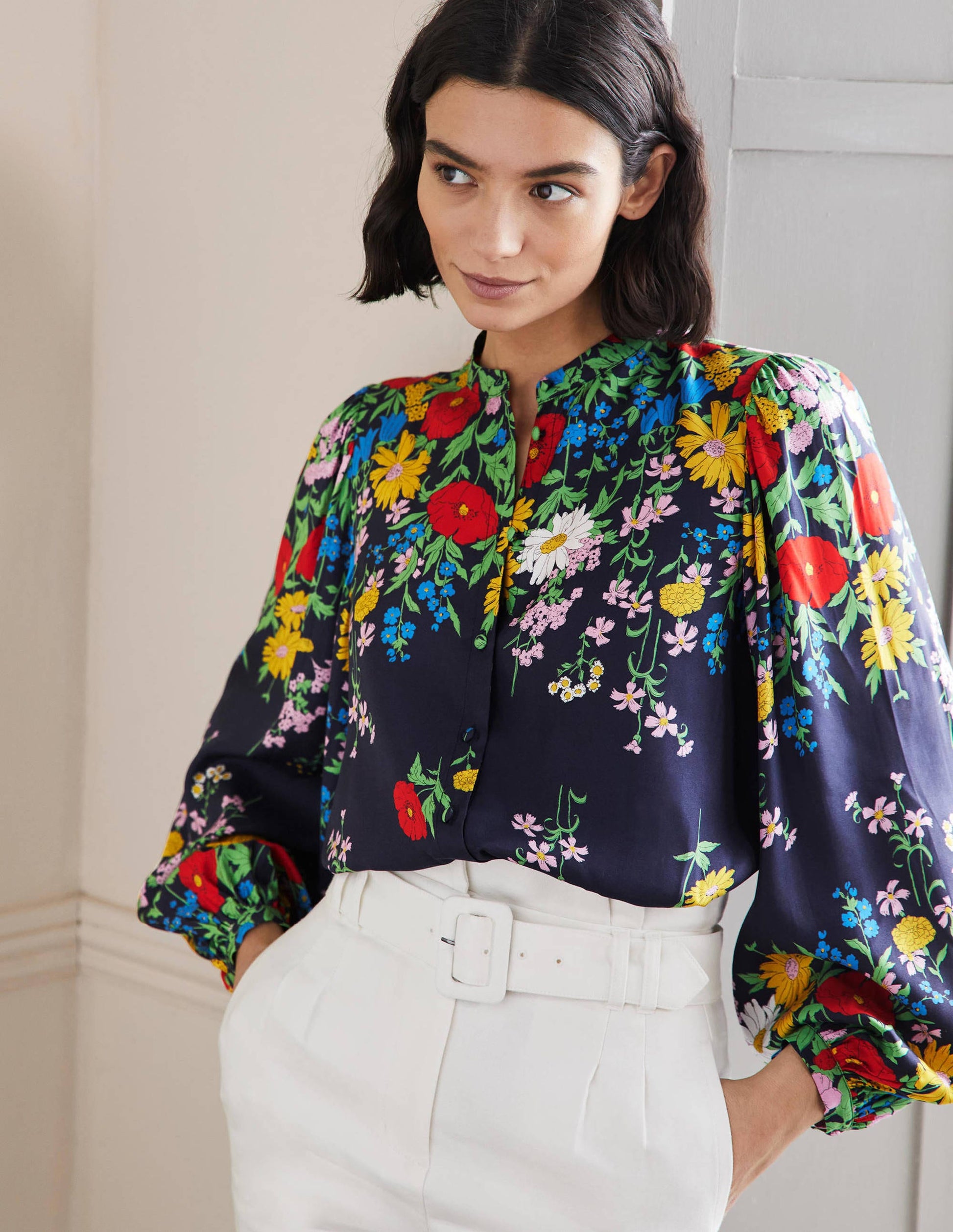Blouson Sleeve Blouse-Navy, Botanical Terrace-1