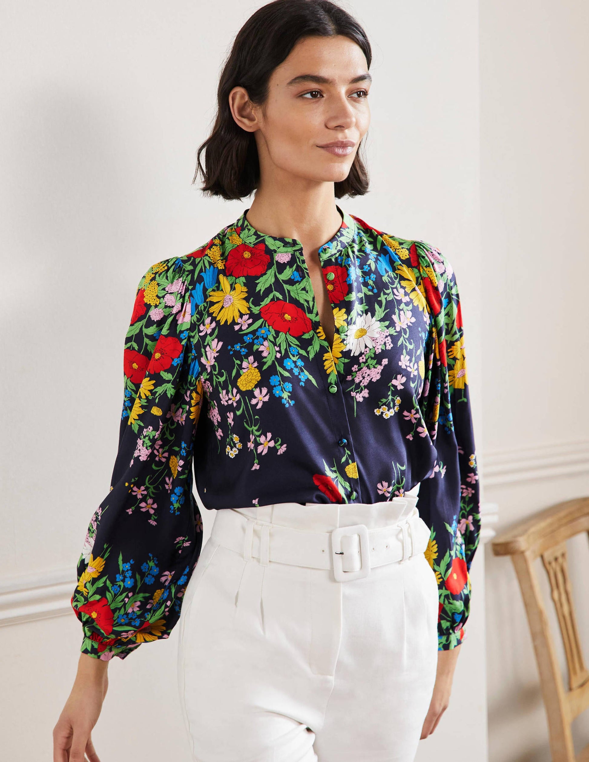Blouson Sleeve Blouse-Navy, Botanical Terrace-4