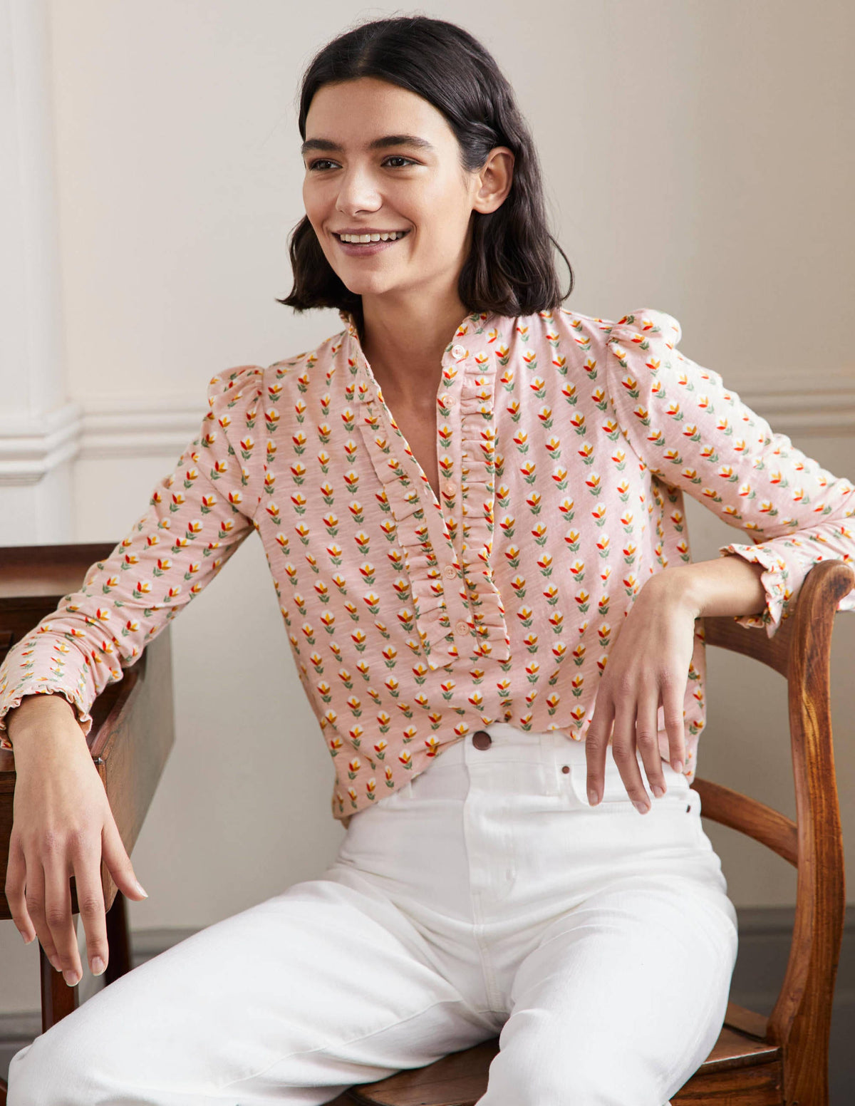 Ruffle Front Jersey Top-Milkshake, Garden Geo - Image 1