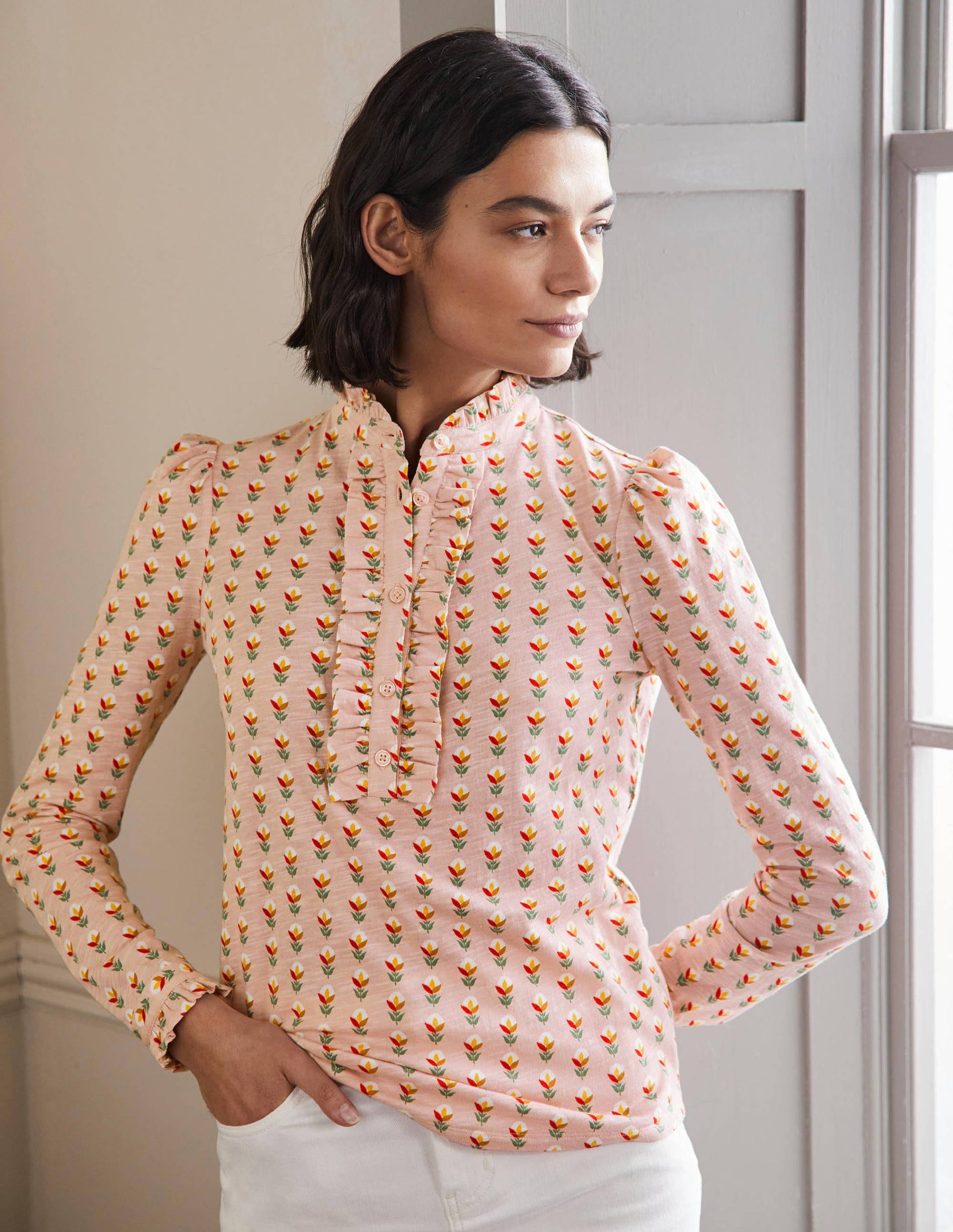 Ruffle Front Jersey Top-Milkshake, Garden Geo-4