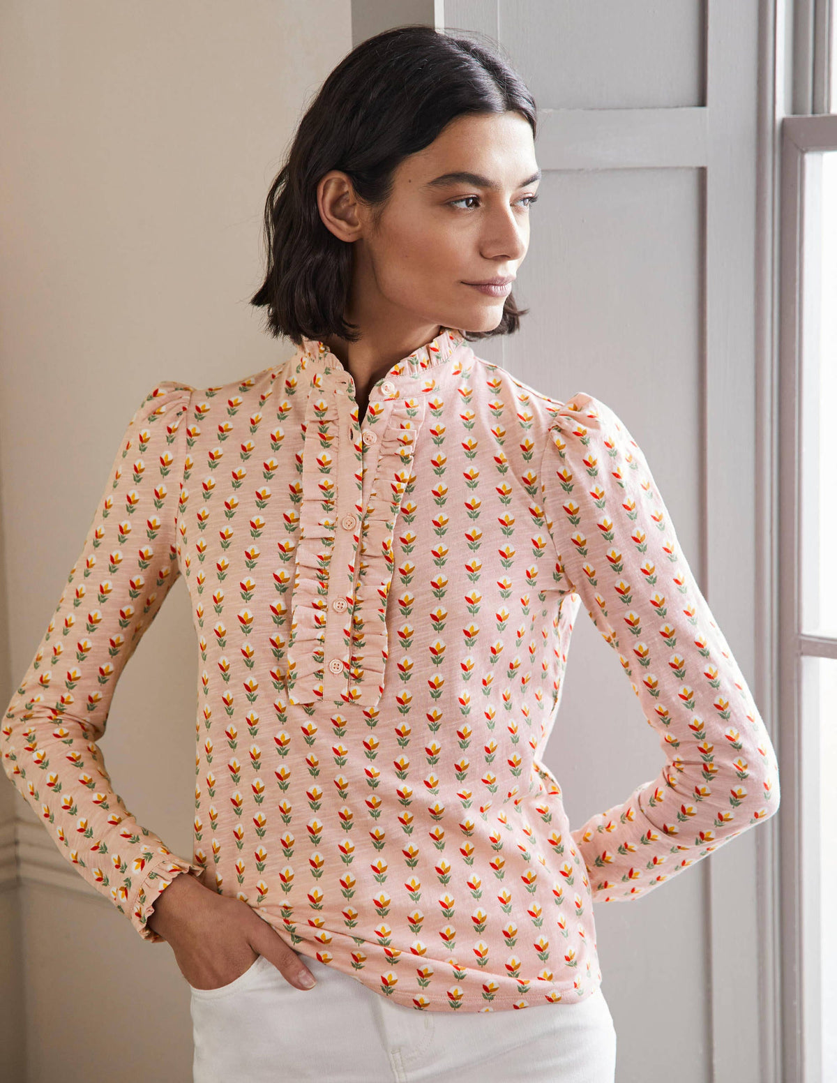 Ruffle Front Jersey Top-Milkshake, Garden Geo - Image 4