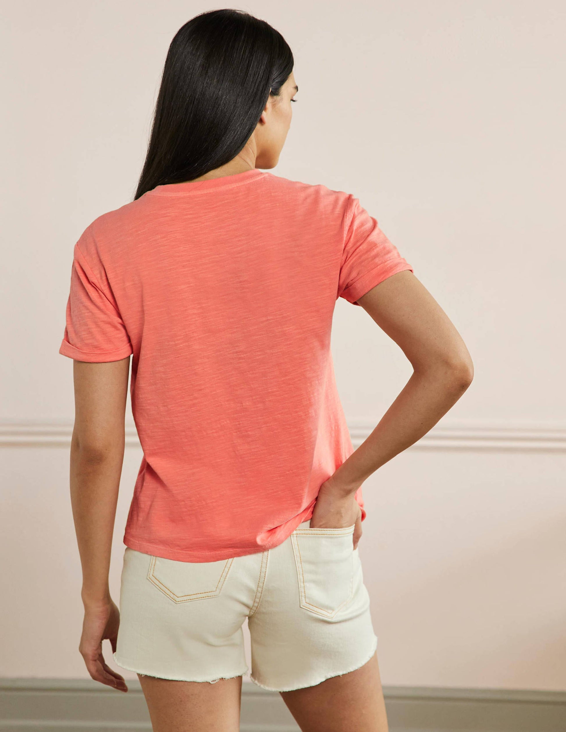 Turn Up Cuff Cotton T-shirt-Burnt Coral, Monday-3